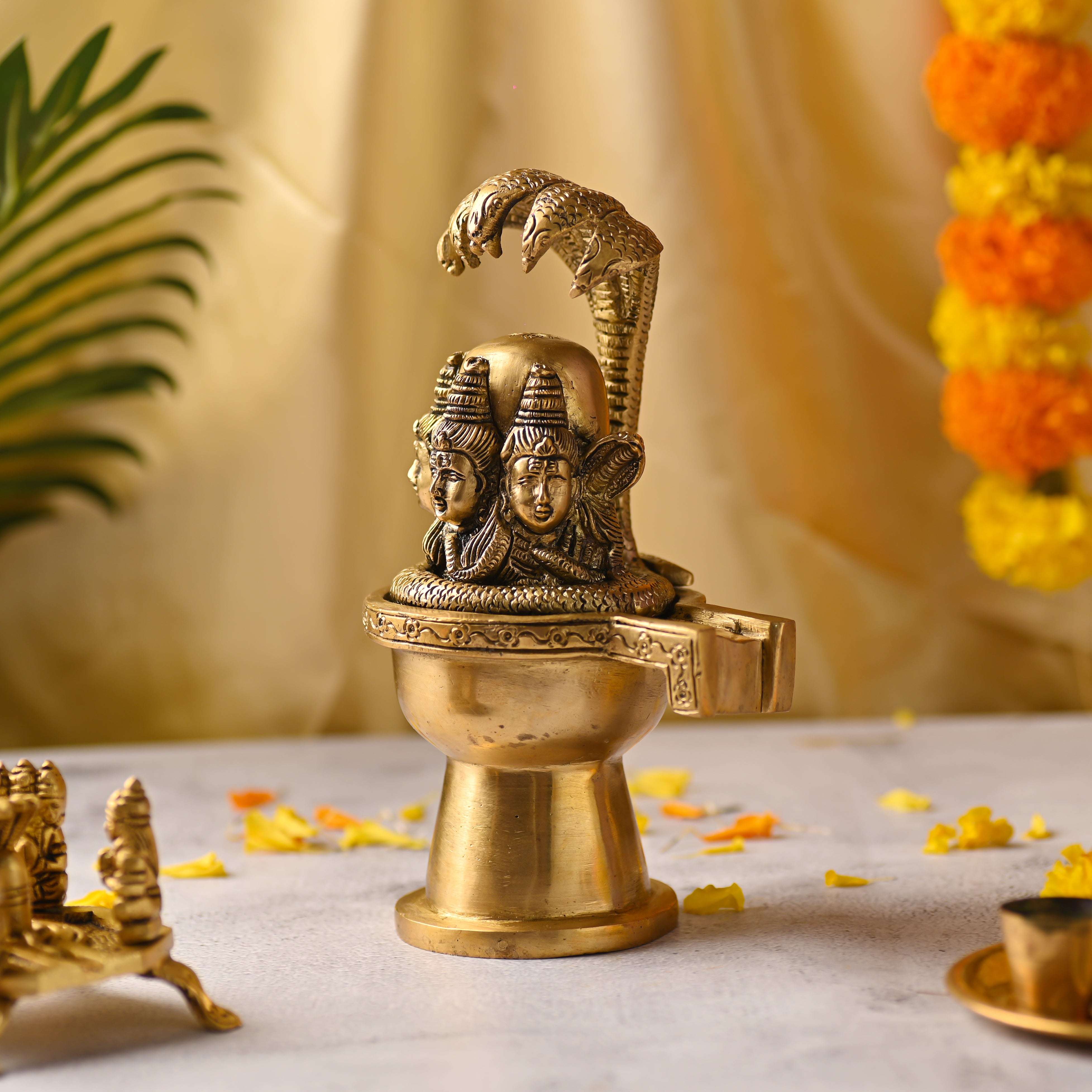 Brass Lord Shiva Mukhalingam Idol with Naga Canopy (8.2 Inch) - Image 2
