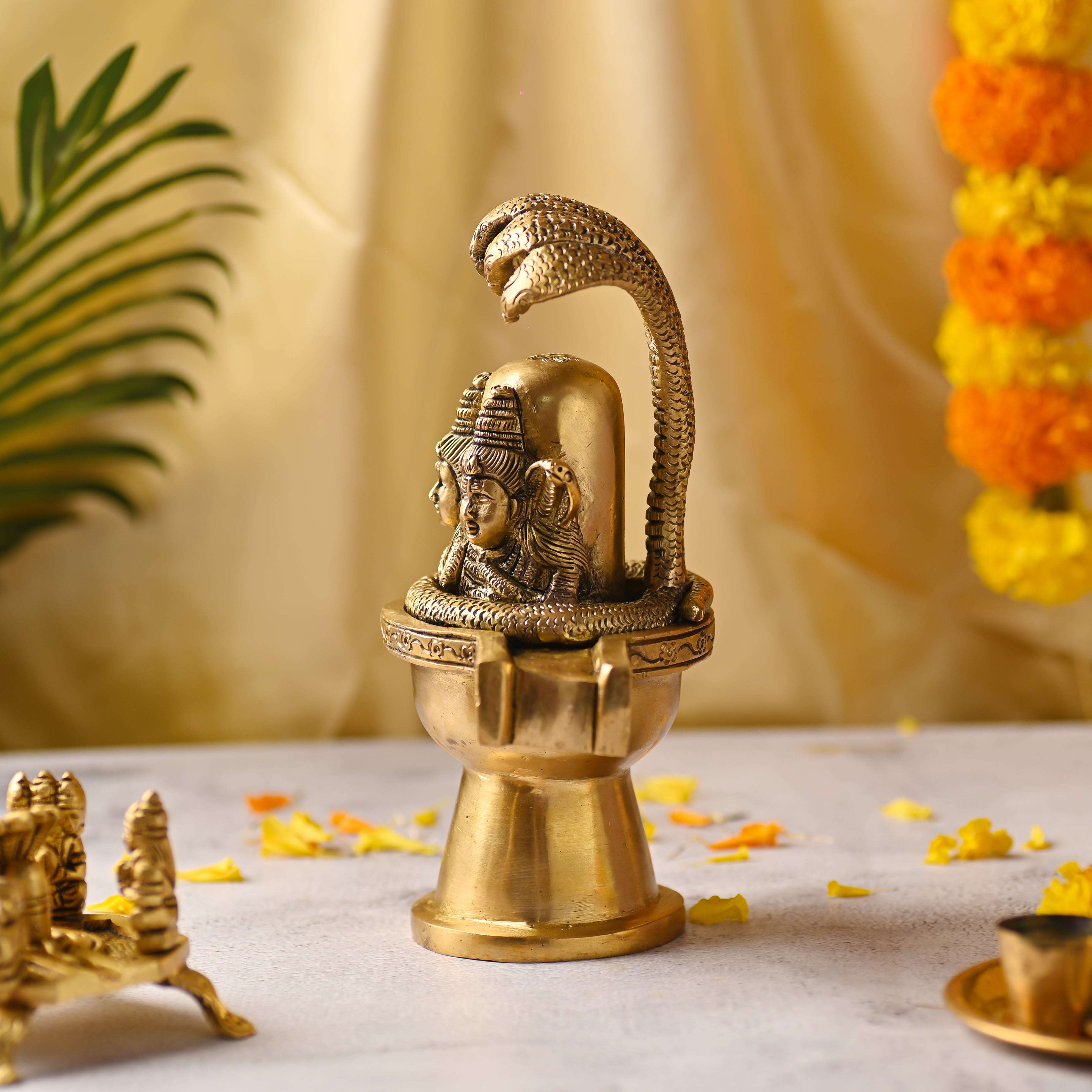 Brass Lord Shiva Mukhalingam Idol with Naga Canopy (8.2 Inch) - Image 3