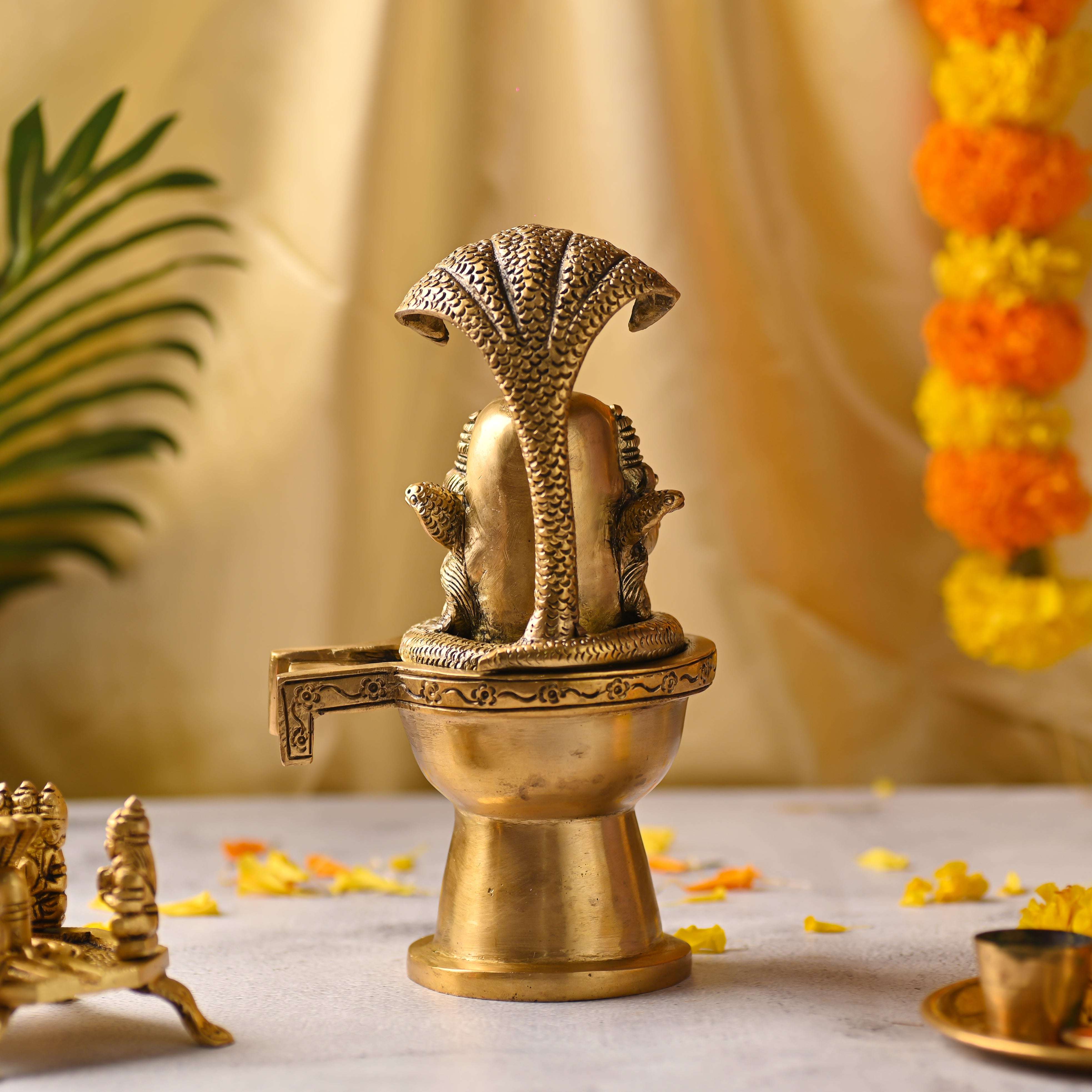 Brass Lord Shiva Mukhalingam Idol with Naga Canopy (8.2 Inch) - Image 4