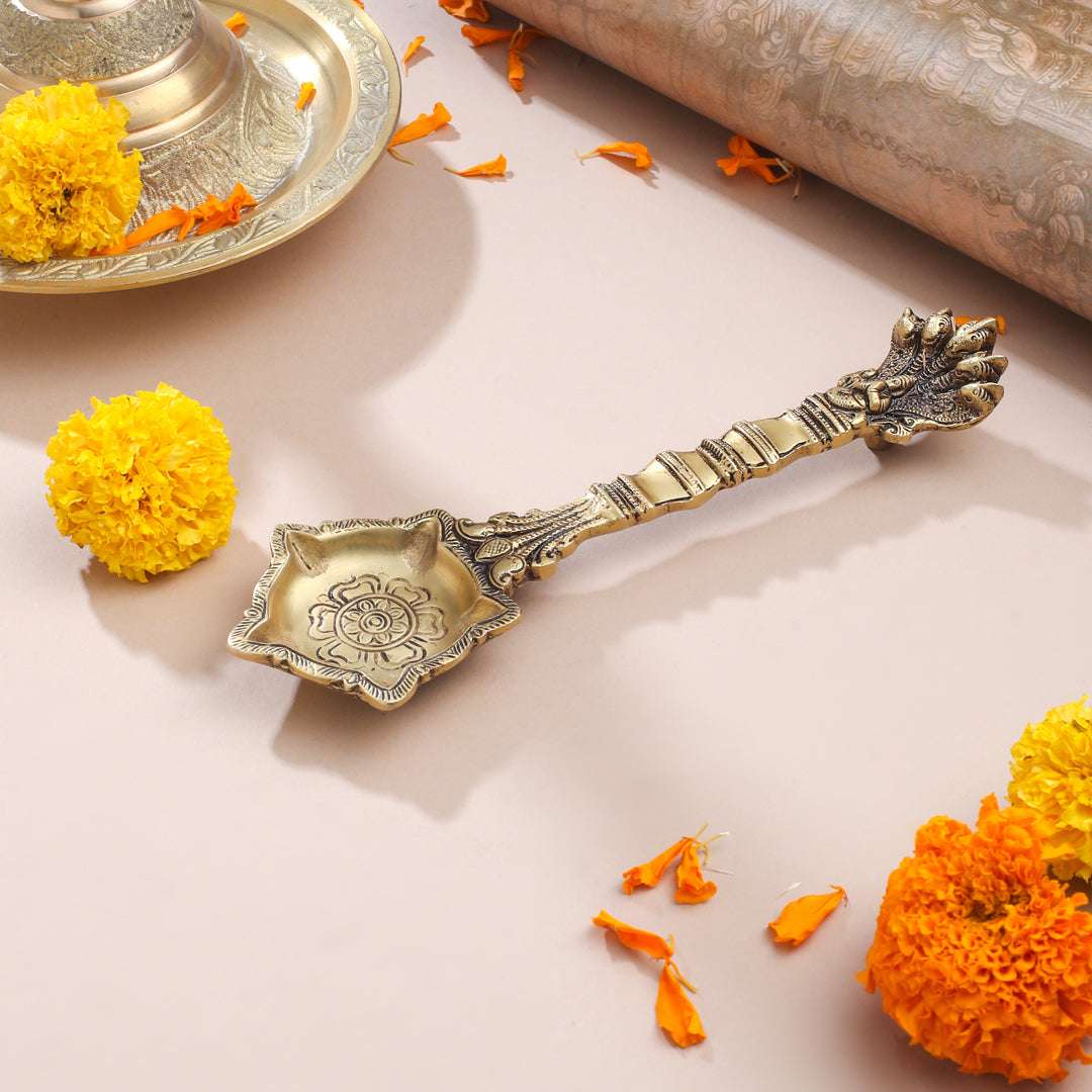 Antique Finish Brass Pooja Spoon | Handcrafted Ganga Jal Spoon for Rituals (9 Inch) - Image 3