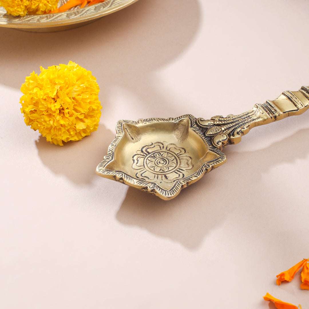 Antique Finish Brass Pooja Spoon | Handcrafted Ganga Jal Spoon for Rituals (9 Inch) - Image 4