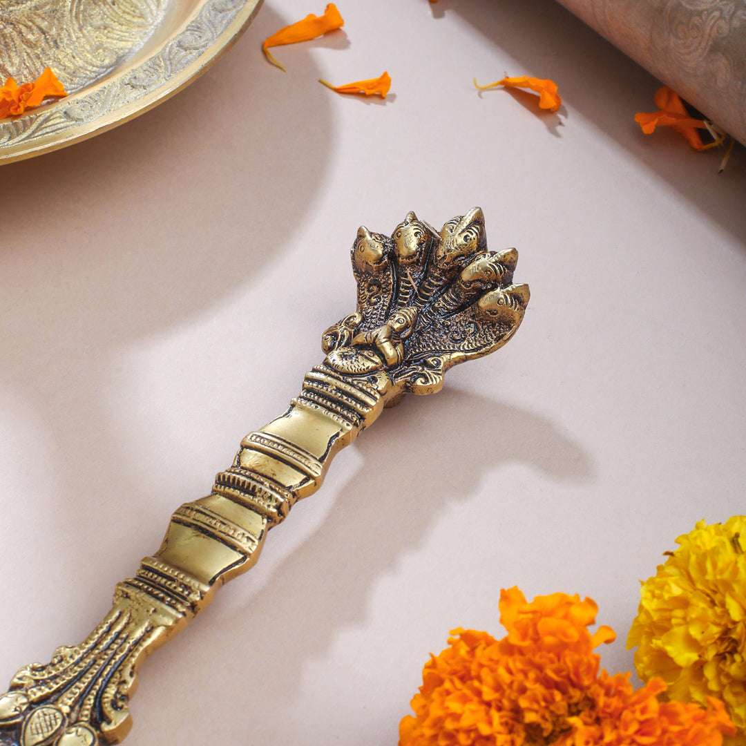 Antique Finish Brass Pooja Spoon | Handcrafted Ganga Jal Spoon for Rituals (9 Inch) - Image 5