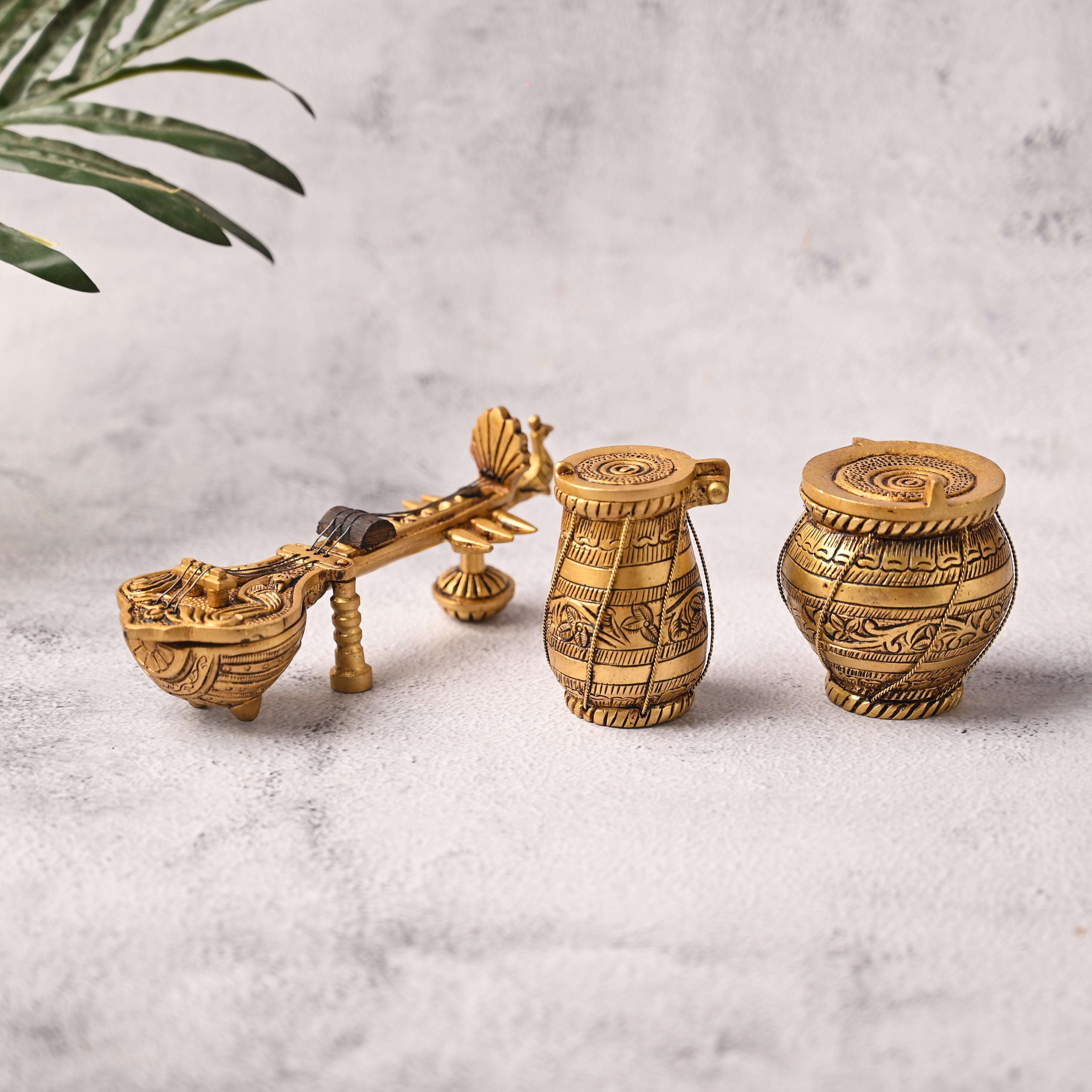 Brass Tabla, Dugi And Sitar Decor Set (3 Inch)