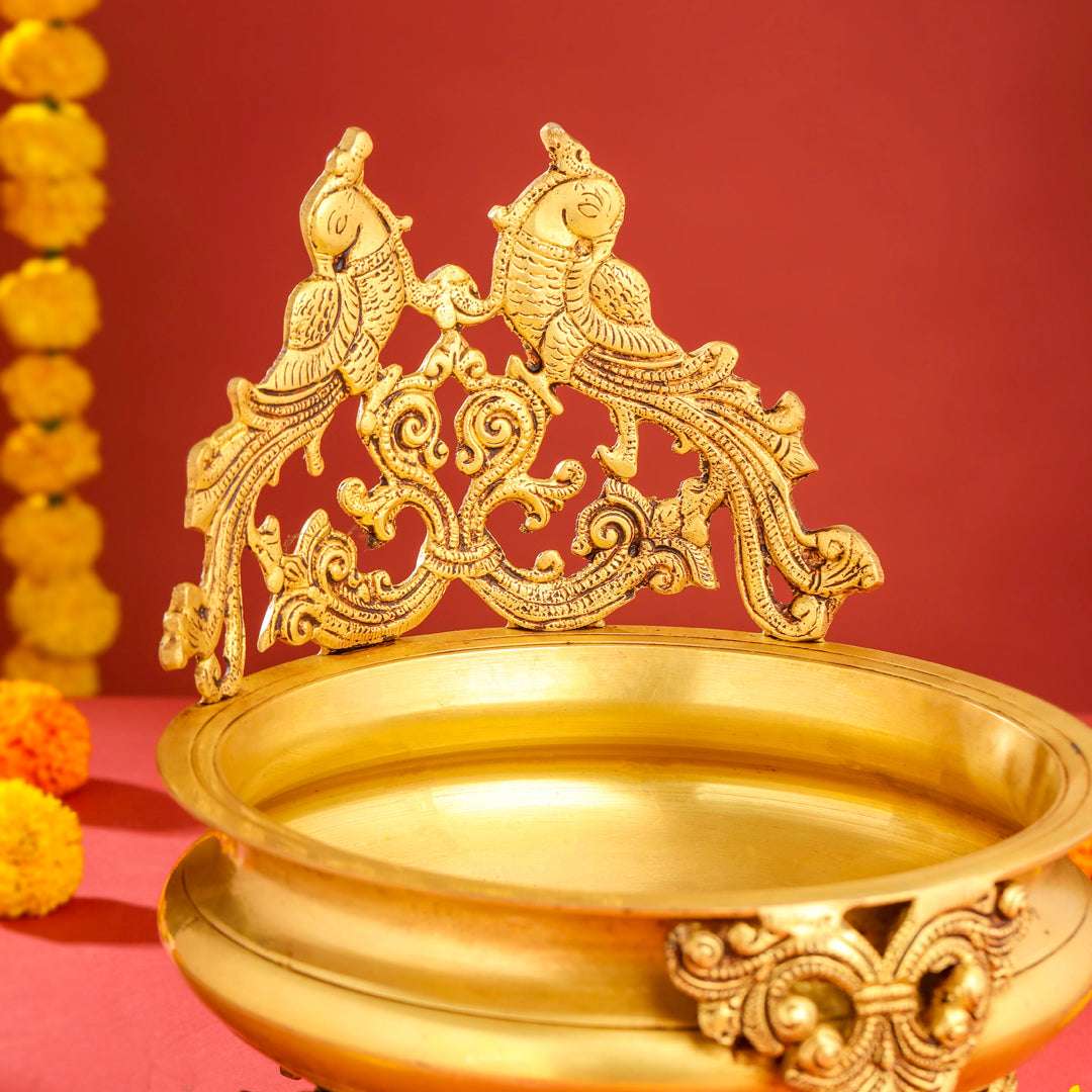 Brass Double Peacock Urli Bowl (11.5 Inch) - Image 2