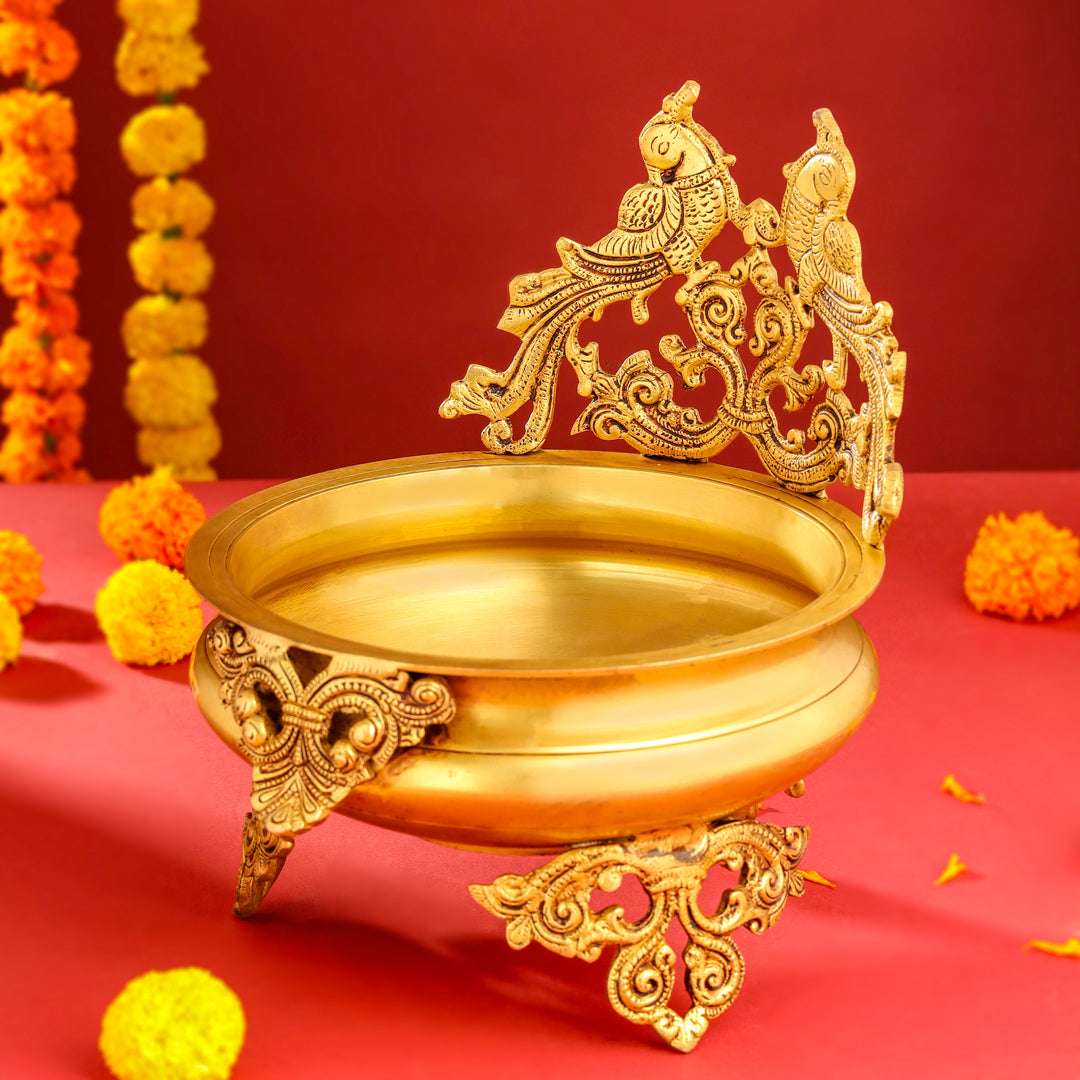 Brass Double Peacock Urli Bowl (11.5 Inch) - Image 5