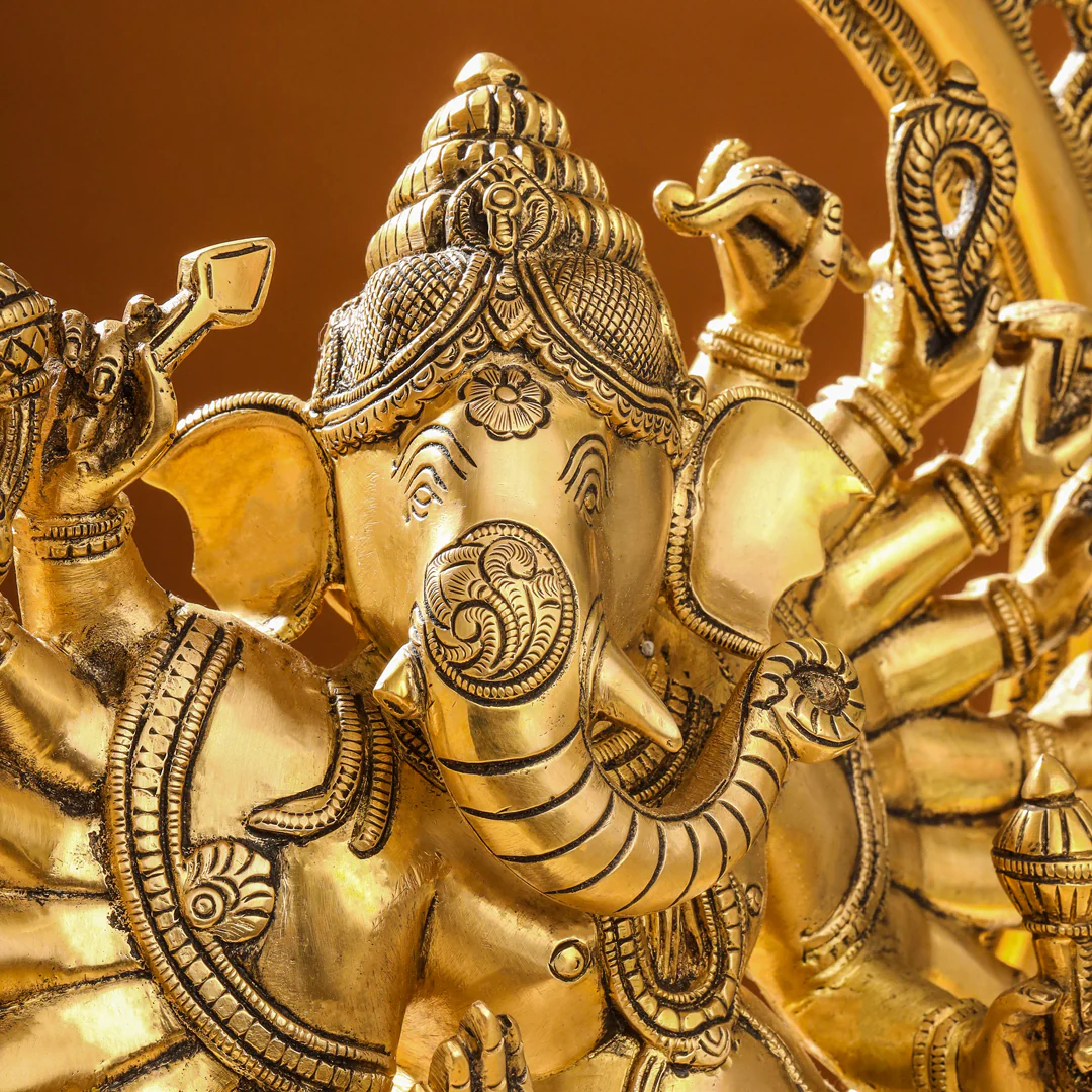 Brass Sixteen Armed Dancing Ganesha Idol (25.5 Inch) - Image 10