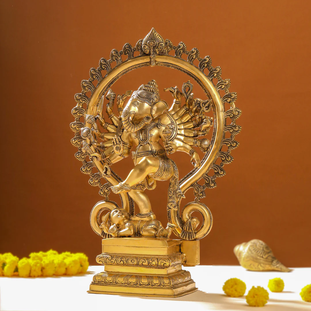 Brass Sixteen Armed Dancing Ganesha Idol (25.5 Inch) - Image 2