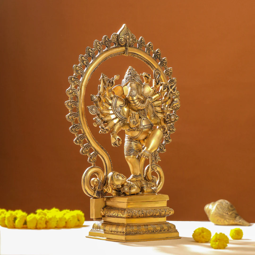 Brass Sixteen Armed Dancing Ganesha Idol (25.5 Inch) - Image 3