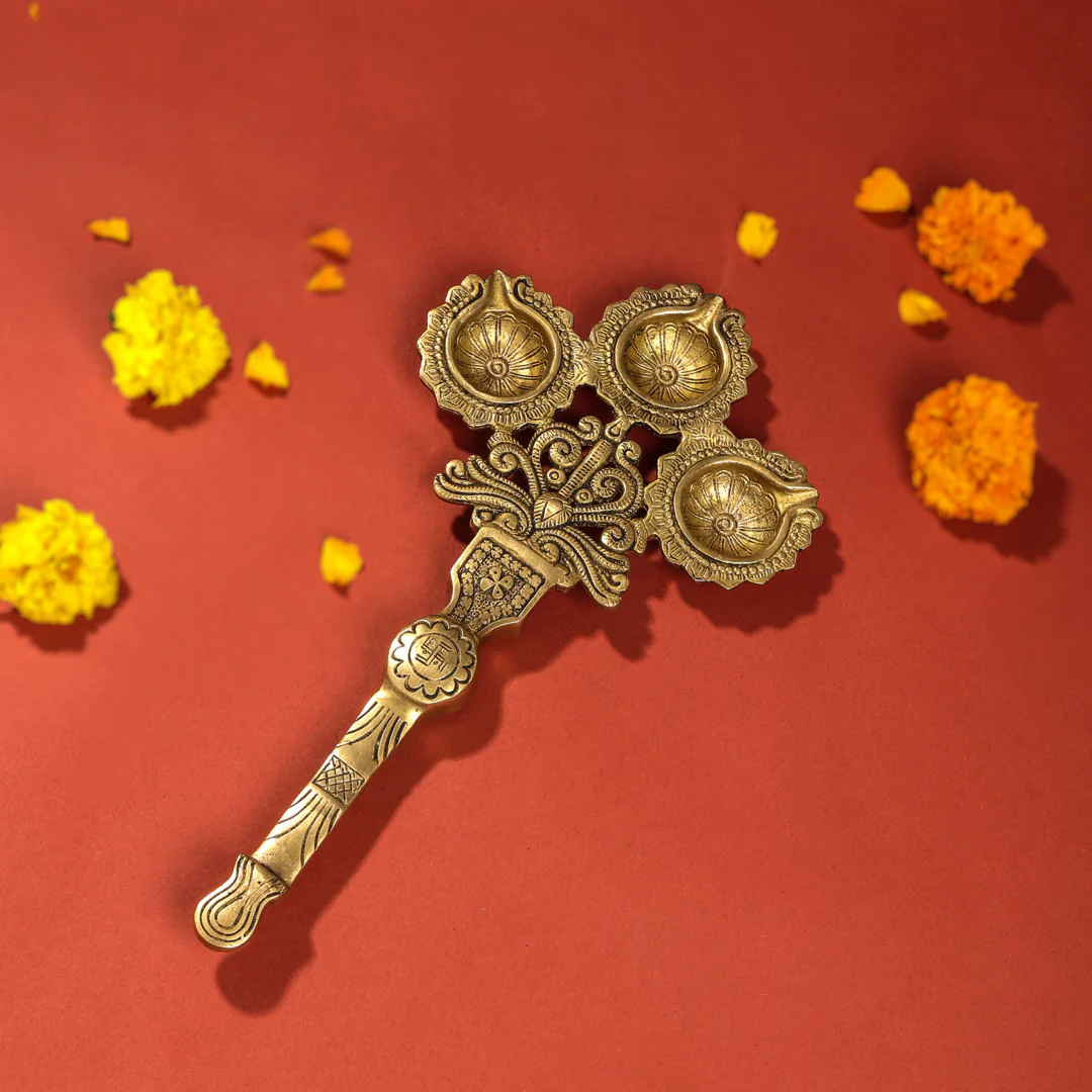 Brass Three Petal Pooja Spoon (13 Inch) - Image 2