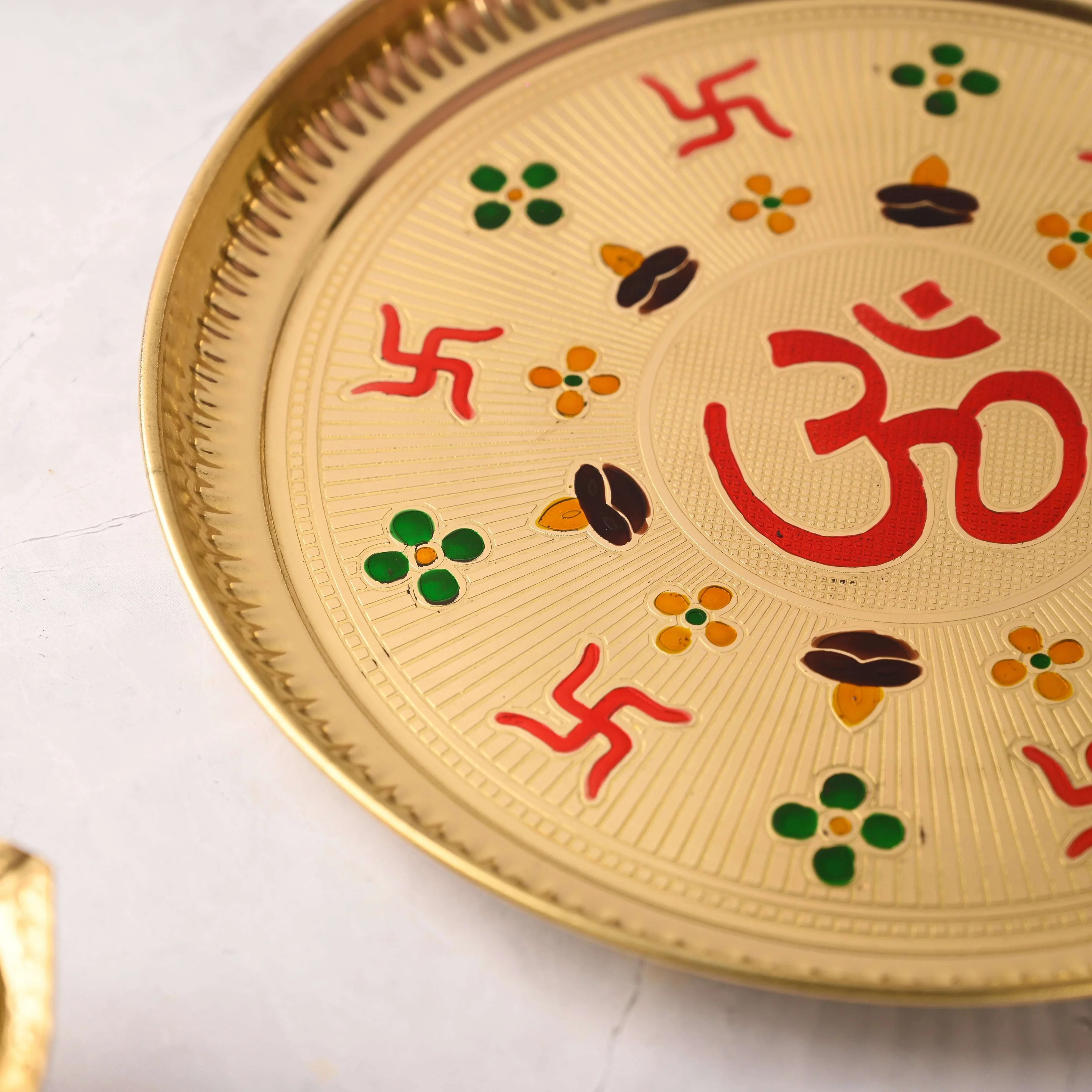 Brass Hand Painted Om & Swastik Pooja Thali (10 Inch) - Image 2