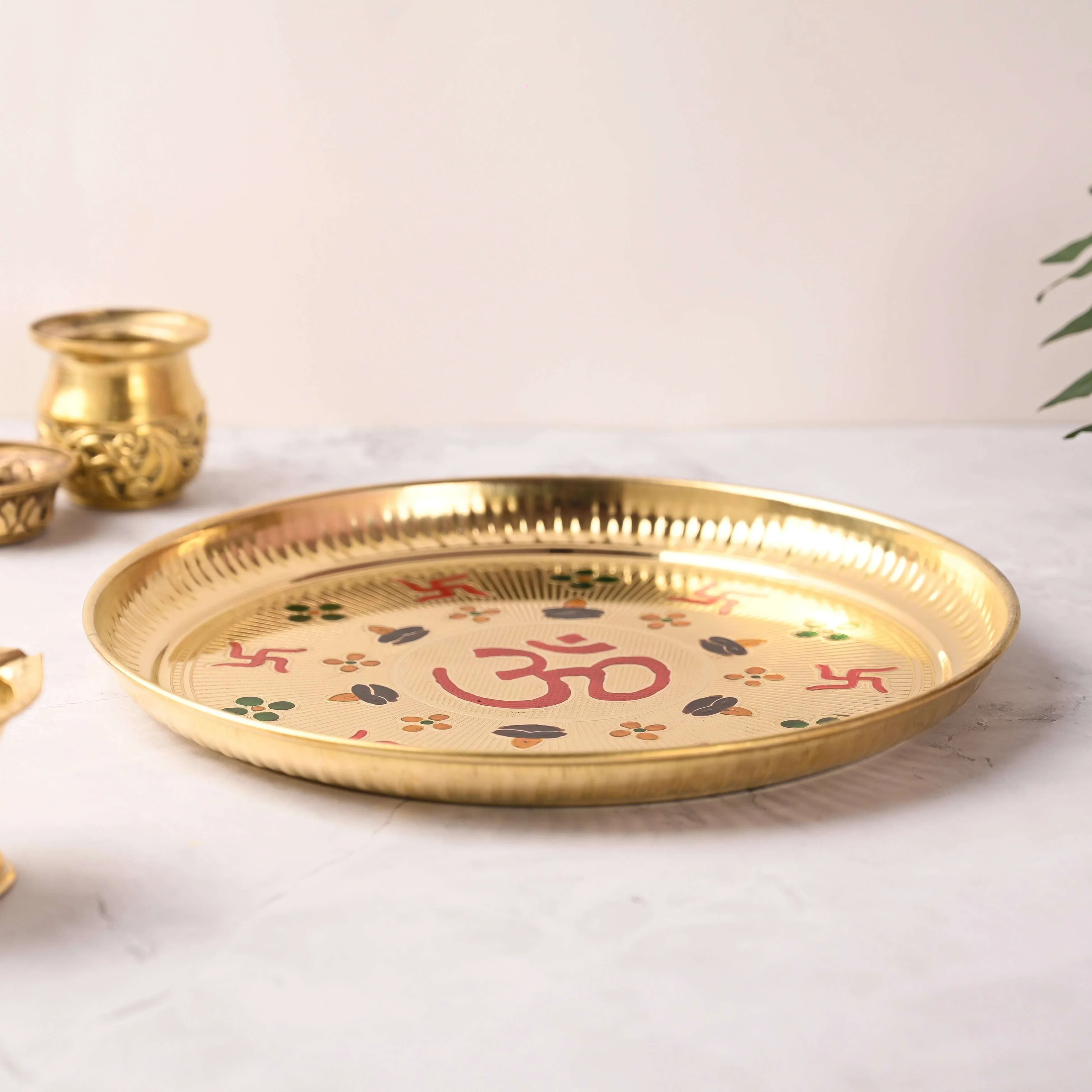 Brass Hand Painted Om & Swastik Pooja Thali (10 Inch) - Image 3