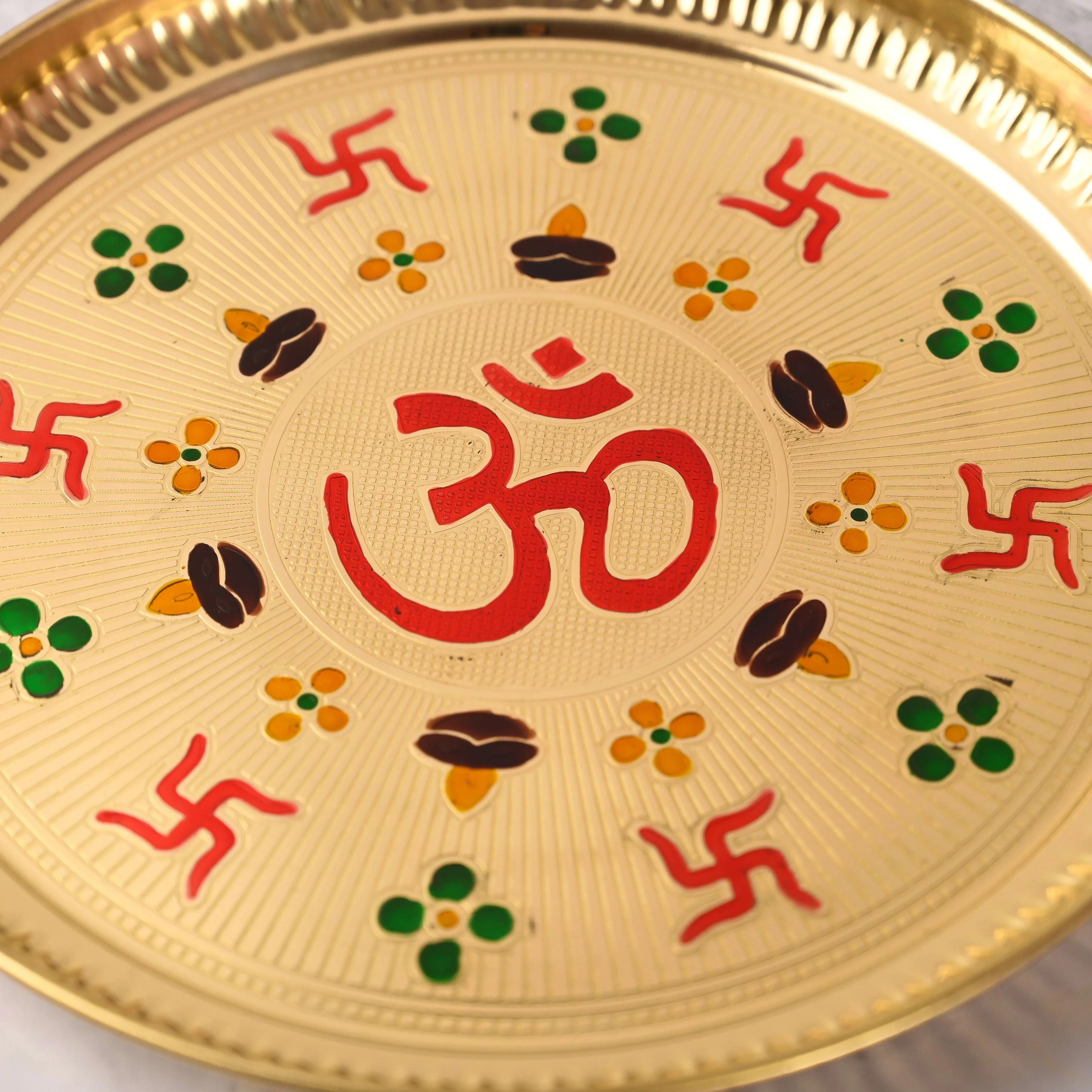 Brass Hand Painted Om & Swastik Pooja Thali (10 Inch) - Image 4