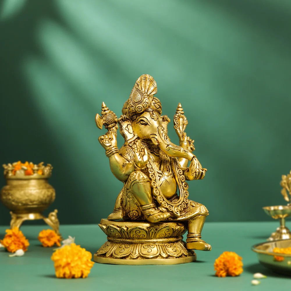 Brass Pagdi Sitting Ganesha On Chowki (10.5 Inch) - Image 2