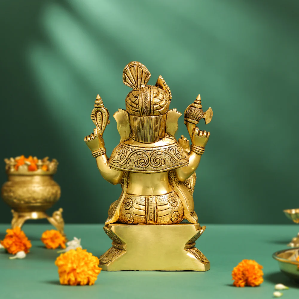 Brass Pagdi Sitting Ganesha On Chowki (10.5 Inch) - Image 3