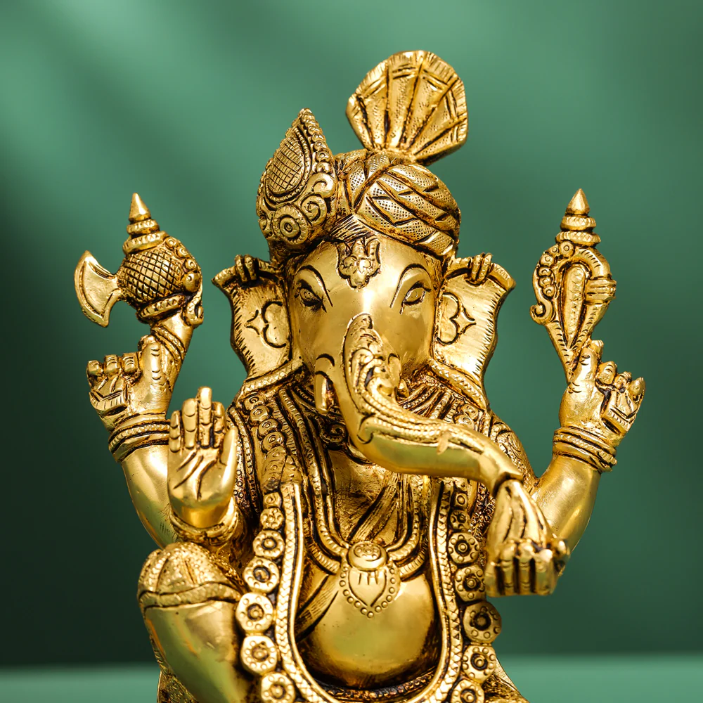 Brass Pagdi Sitting Ganesha On Chowki (10.5 Inch) - Image 4