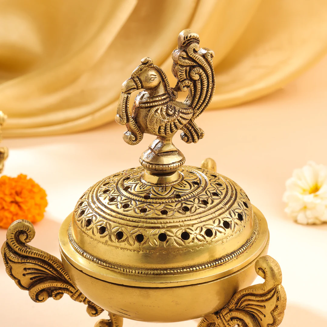 Brass Peacock Dhoop Dani & Incense Holder (7 Inch) - Image 3