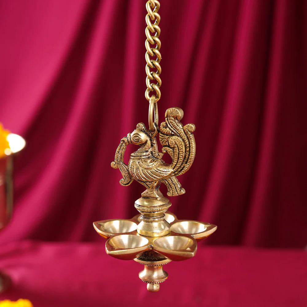 Brass Peacock Five Petal Hanging Diya (26 Inch) - Image 2