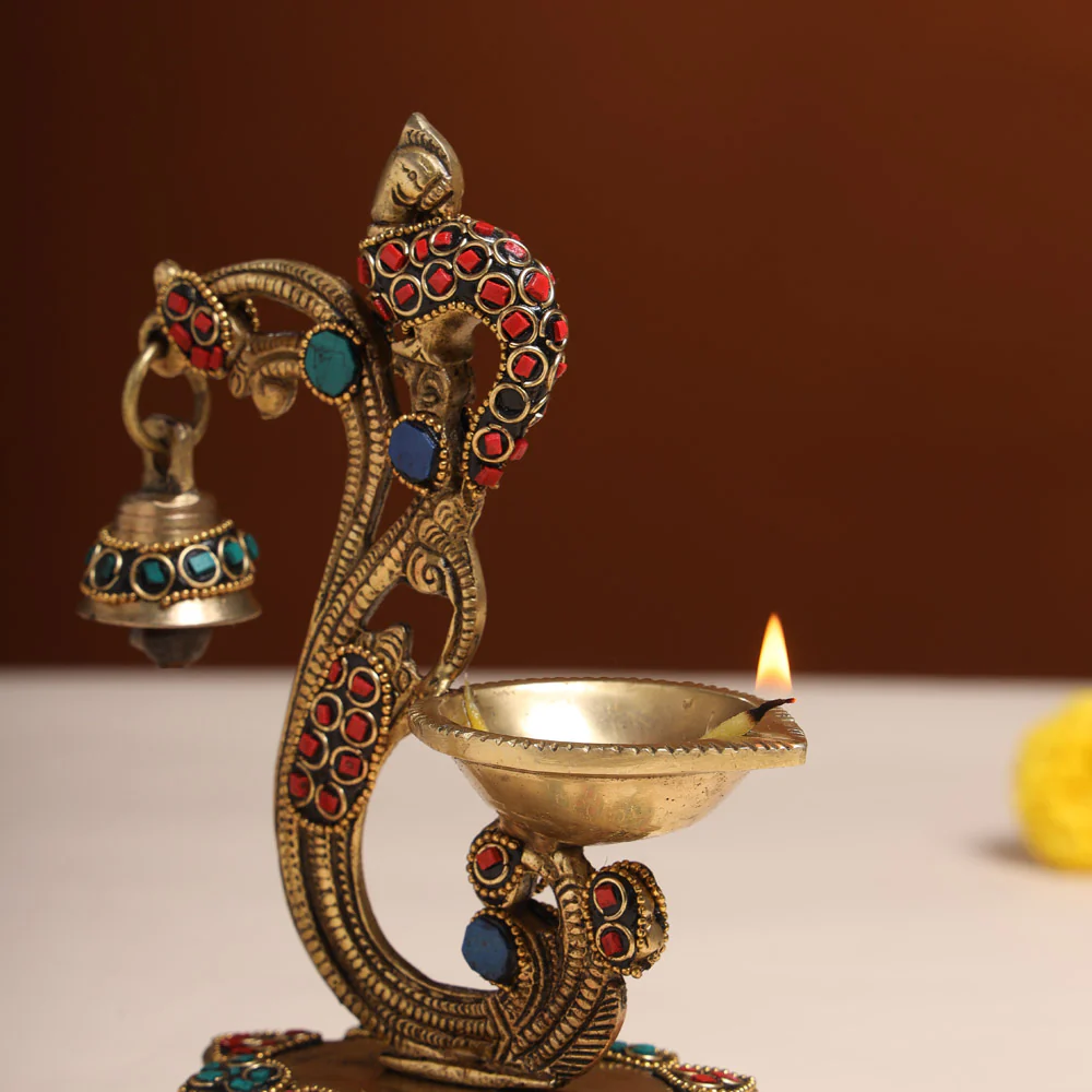 Brass Ethnic Peacock Diya With Hanging bell (8 Inch) - Image 3