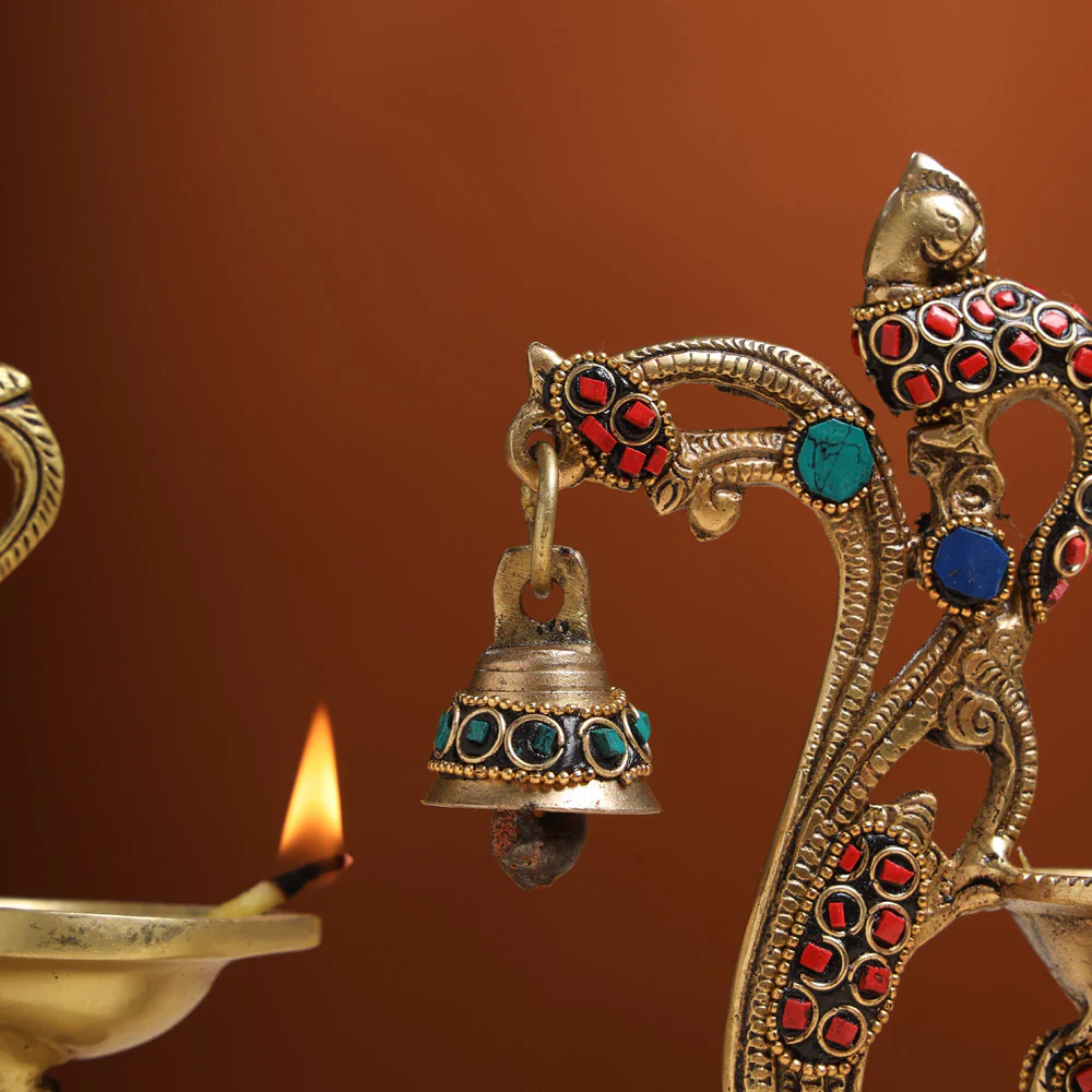 Brass Ethnic Peacock Diya With Hanging bell (8 Inch) - Image 4