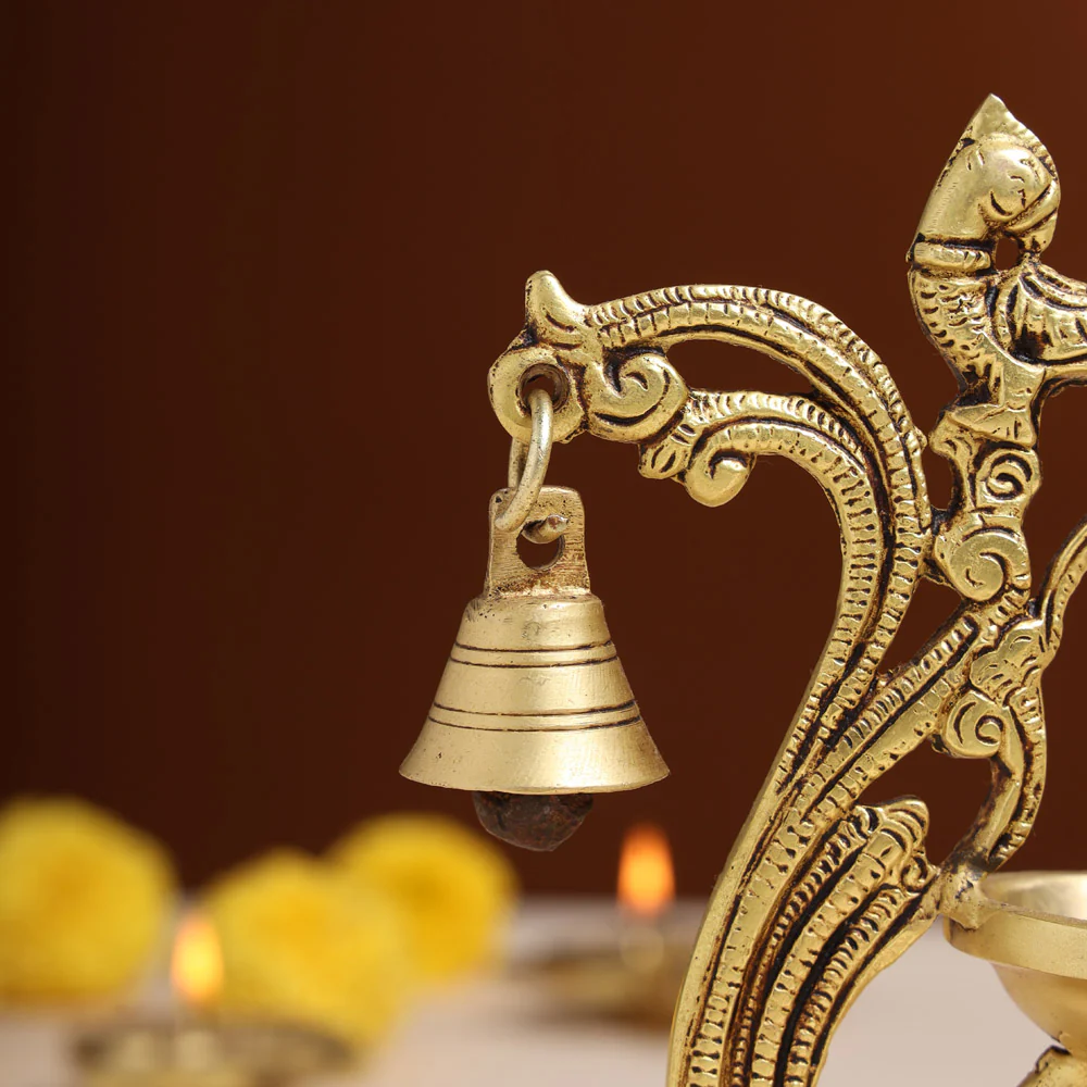 Brass Ethnic Peacock Diya With Hanging bell (8 Inch) - Image 5