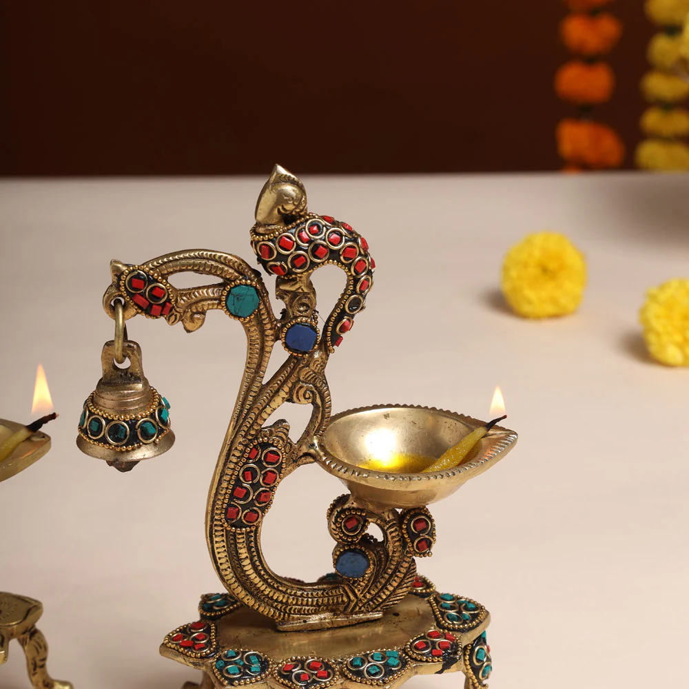 Brass Ethnic Peacock Diya With Hanging bell (8 Inch) - Image 7