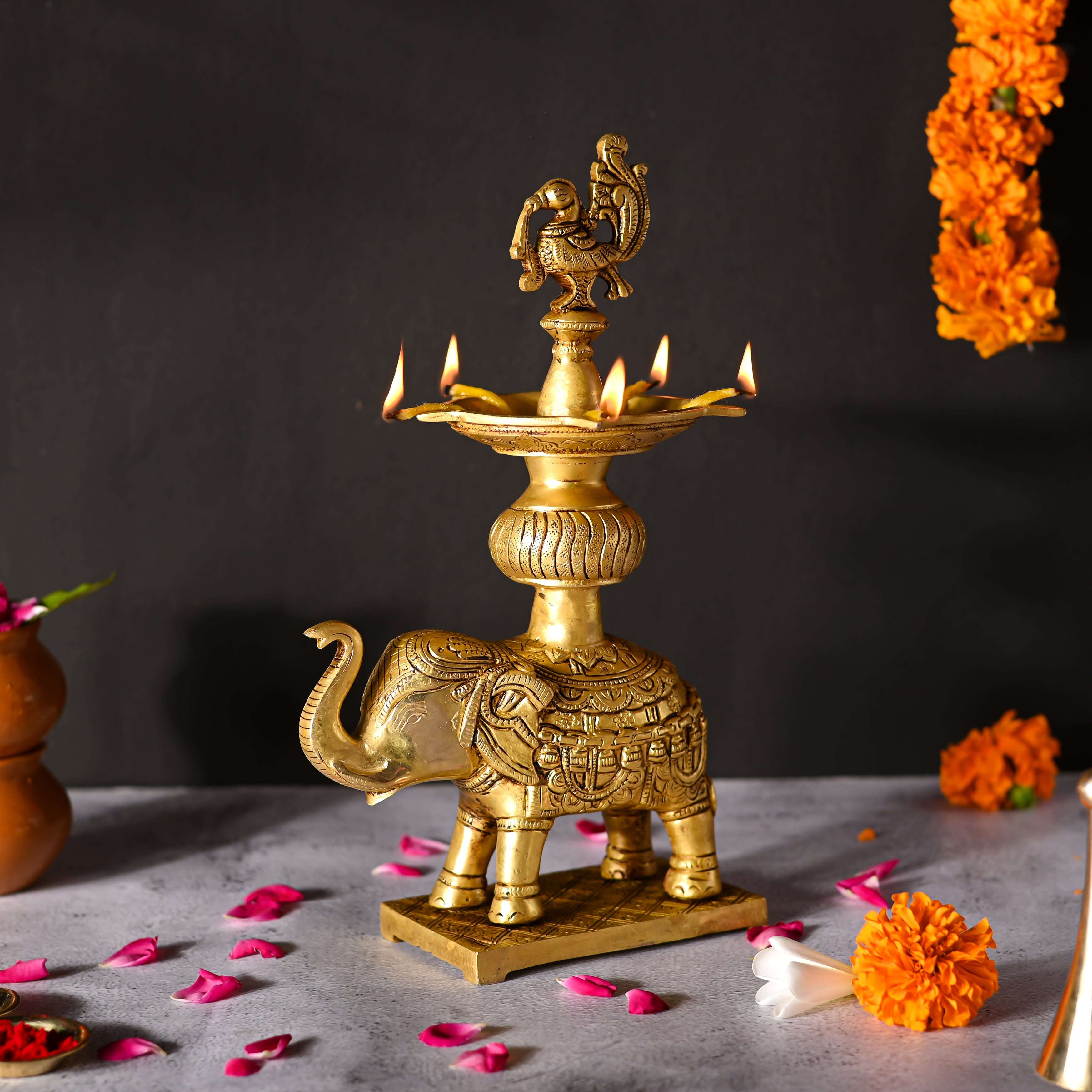 Brass Peacock Diya On Elephant (11.1 Inch)