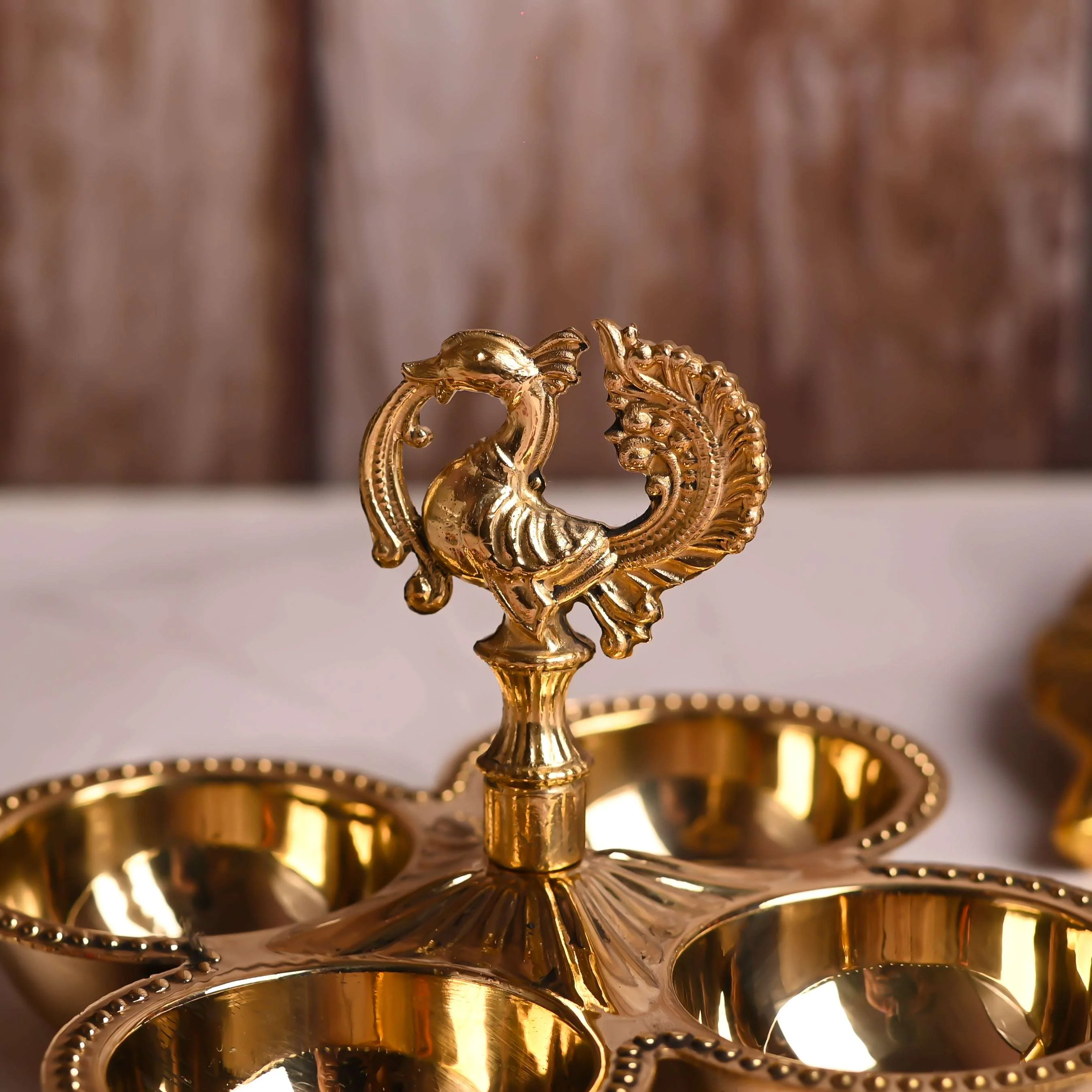 Brass Peacock Design Four Petal Chopra / Pooja Plate (3.5 Inch) - Image 3