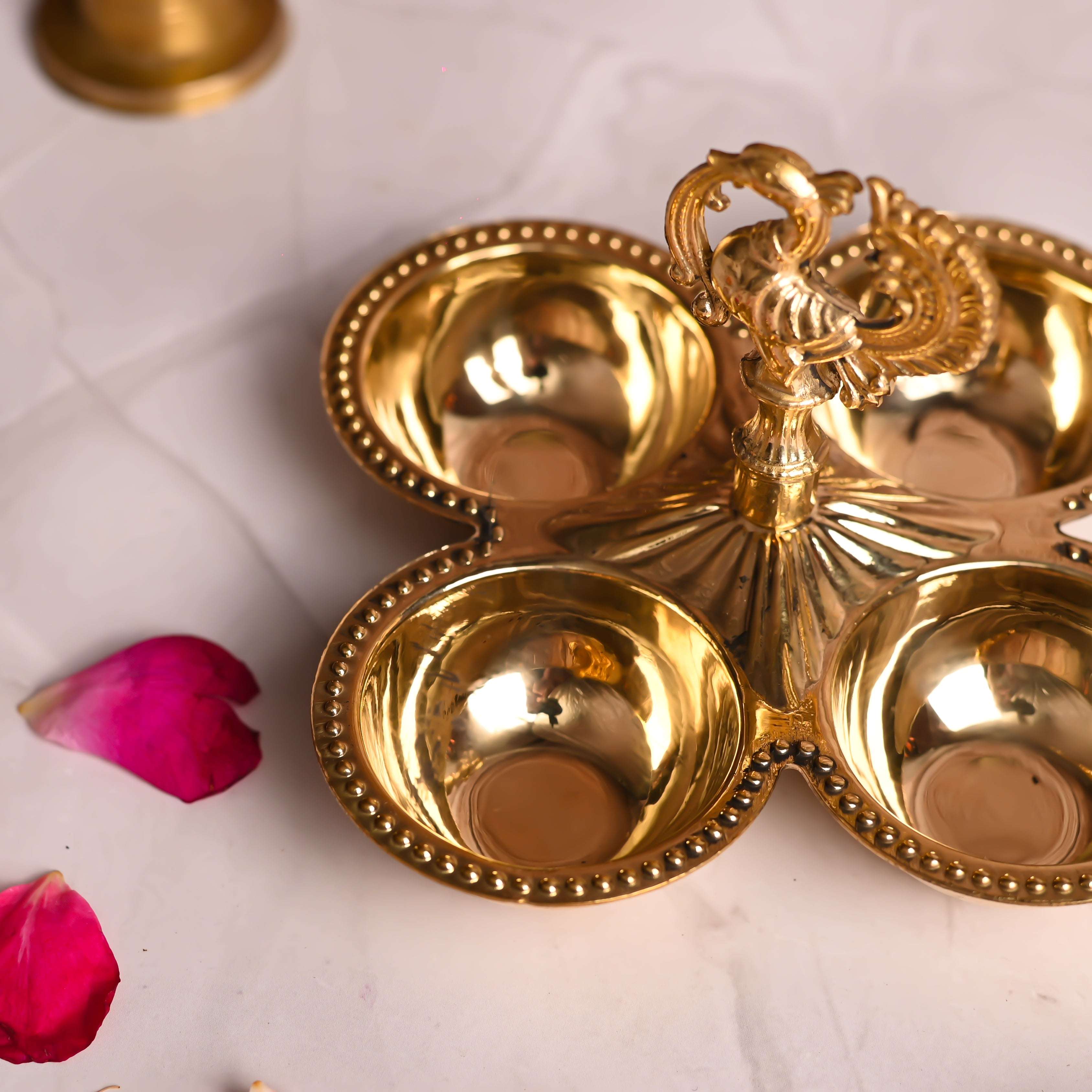 Brass Peacock Design Four Petal Chopra / Pooja Plate (3.5 Inch) - Image 4