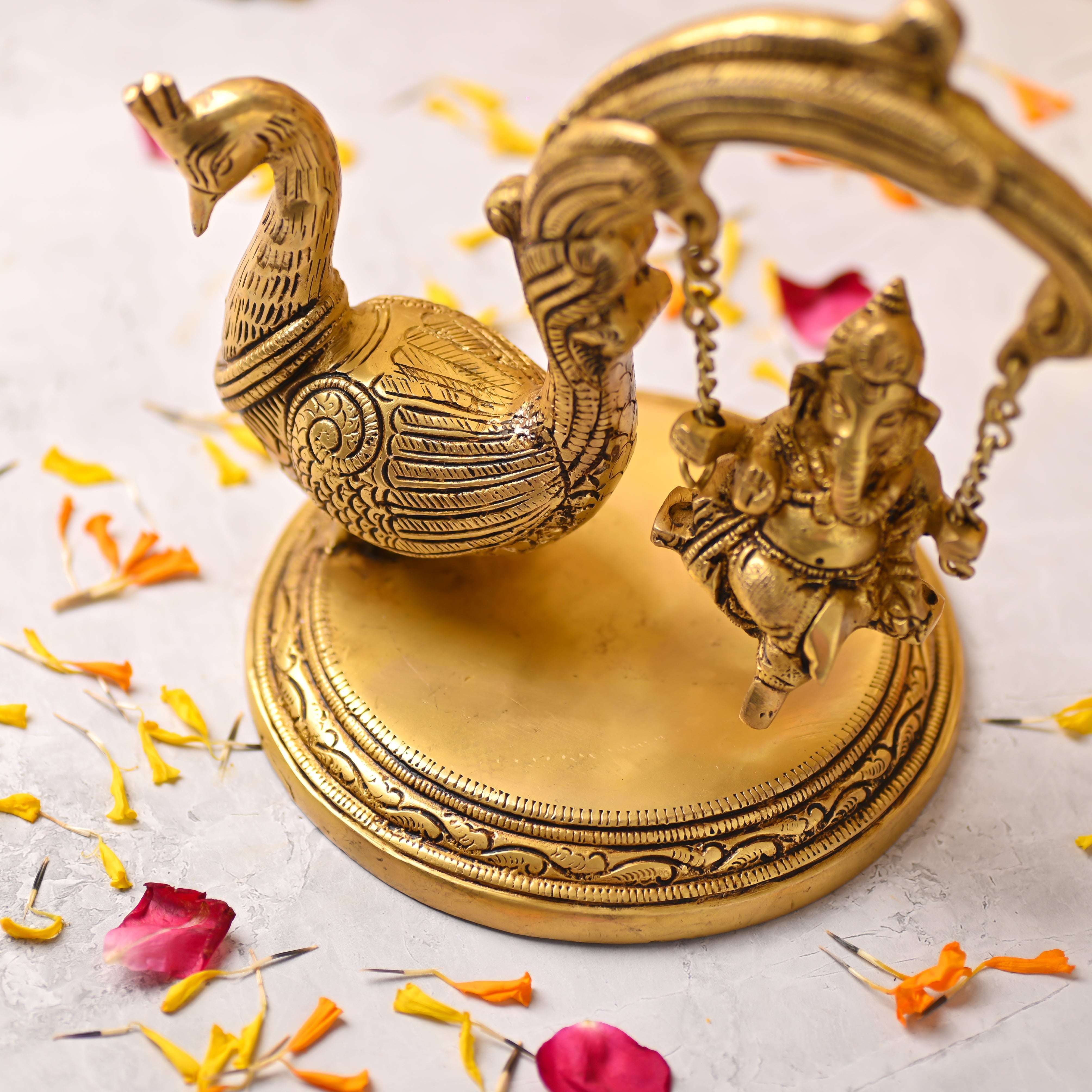 Brass Peacock Jhula with Ganesha Idol – Premium Decor (8 Inch) - Image 5