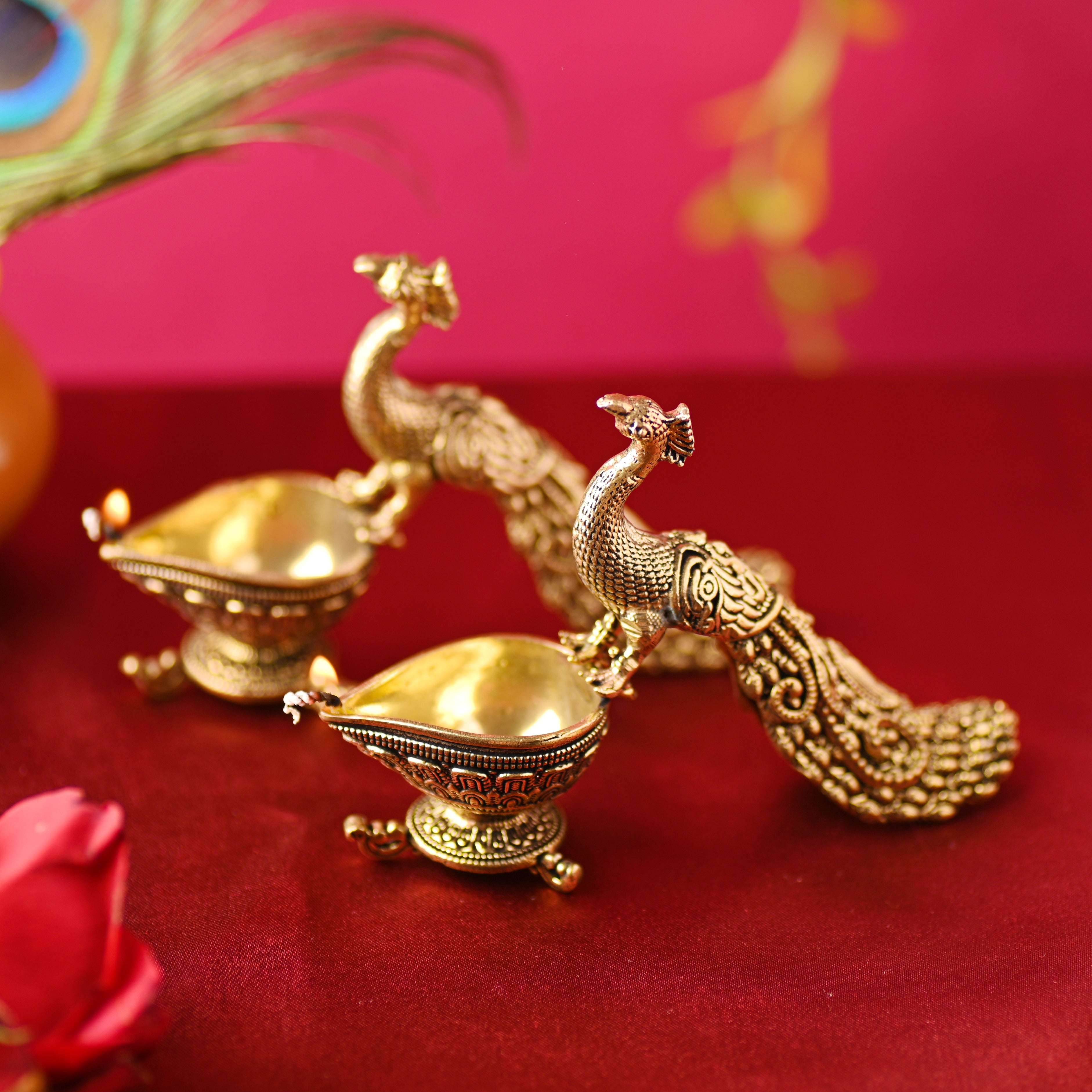 Brass Peacock Lightweight Diya Pair (3.3 Inch) - Image 4
