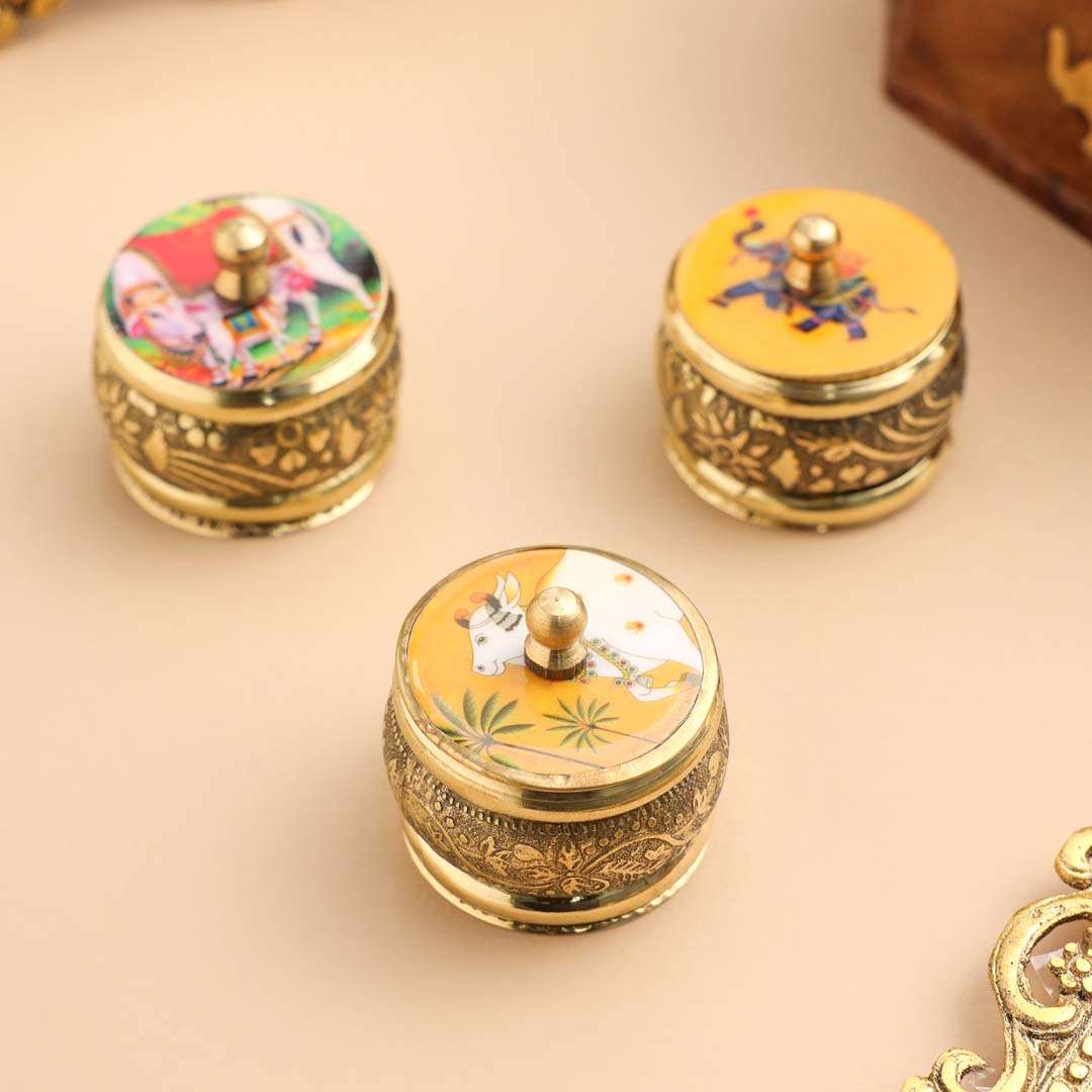 Brass Pichwai Sindoor Box Pack of Three (1.8 INCH) - Image 2