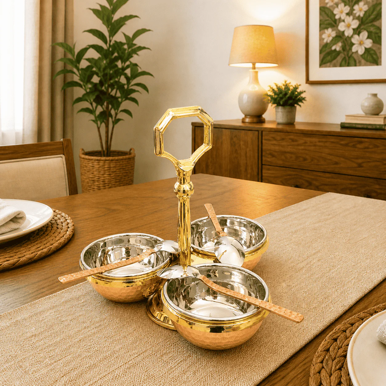Brass Copper And Steel Pickle And Condiment Serving Set With Spoons (7 Inch) - Image 2