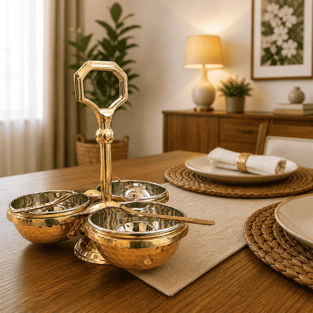 Brass Copper And Steel Pickle And Condiment Serving Set With Spoons (7 Inch) - Image 3
