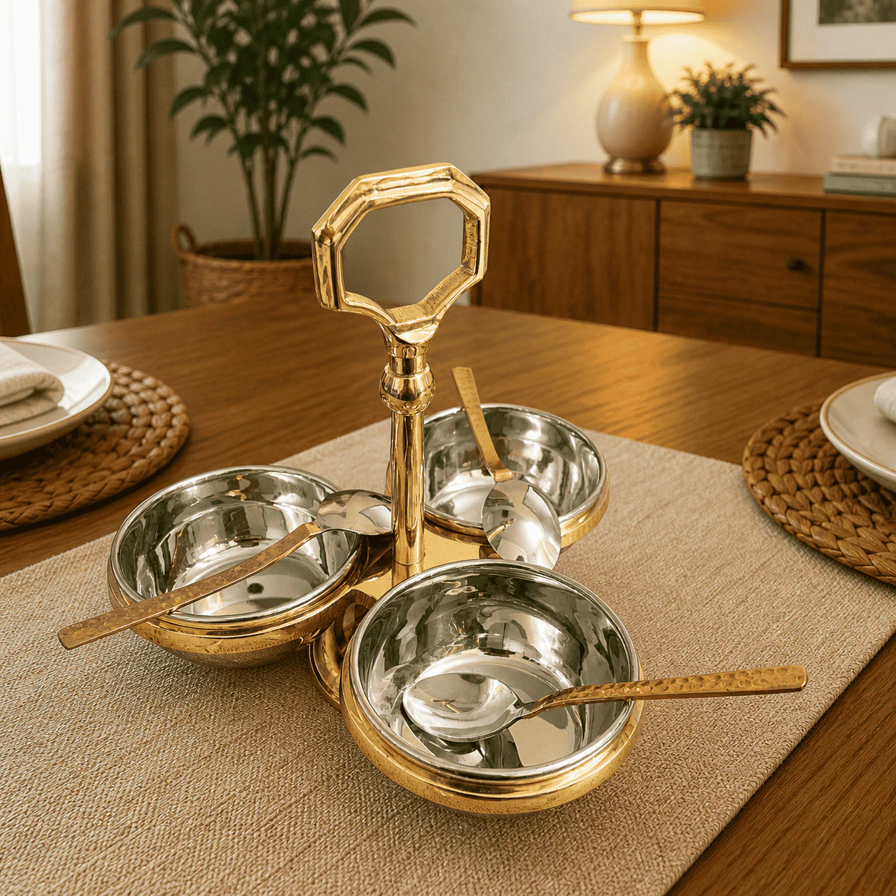 Brass Copper And Steel Pickle And Condiment Serving Set With Spoons (7 Inch) - Image 4