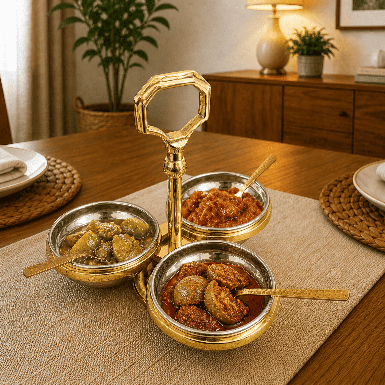 Brass Copper And Steel Pickle And Condiment Serving Set With Spoons (7 Inch) - Image 5