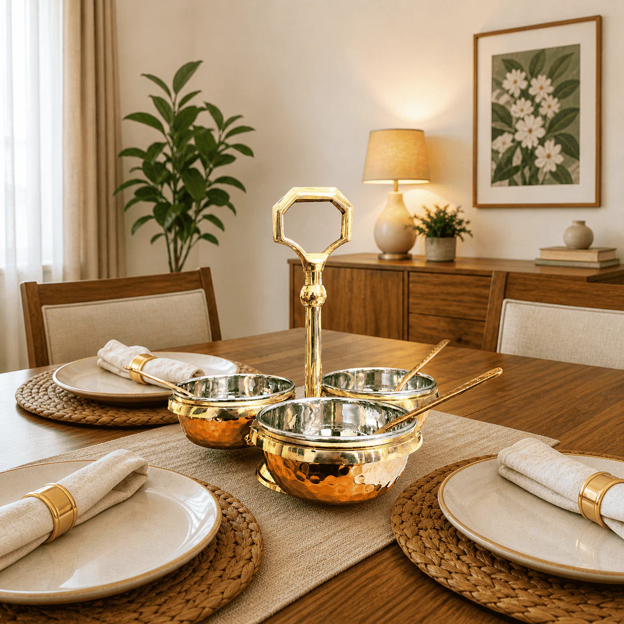 Brass Copper And Steel Pickle And Condiment Serving Set With Spoons (7 Inch) - Image 7
