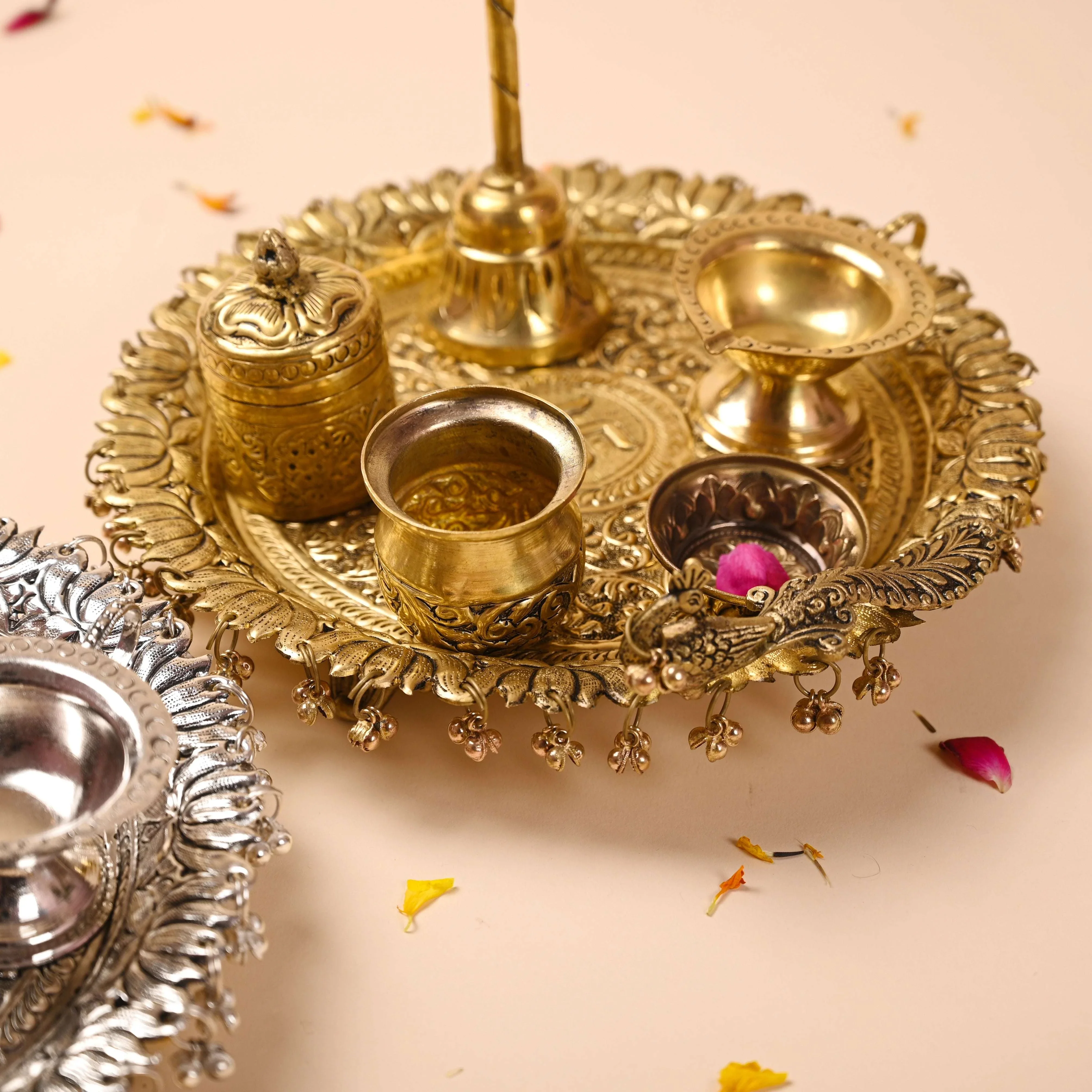 Brass Peacock Pooja Thali Set With Ghungroo (1 Kg) - Image 2