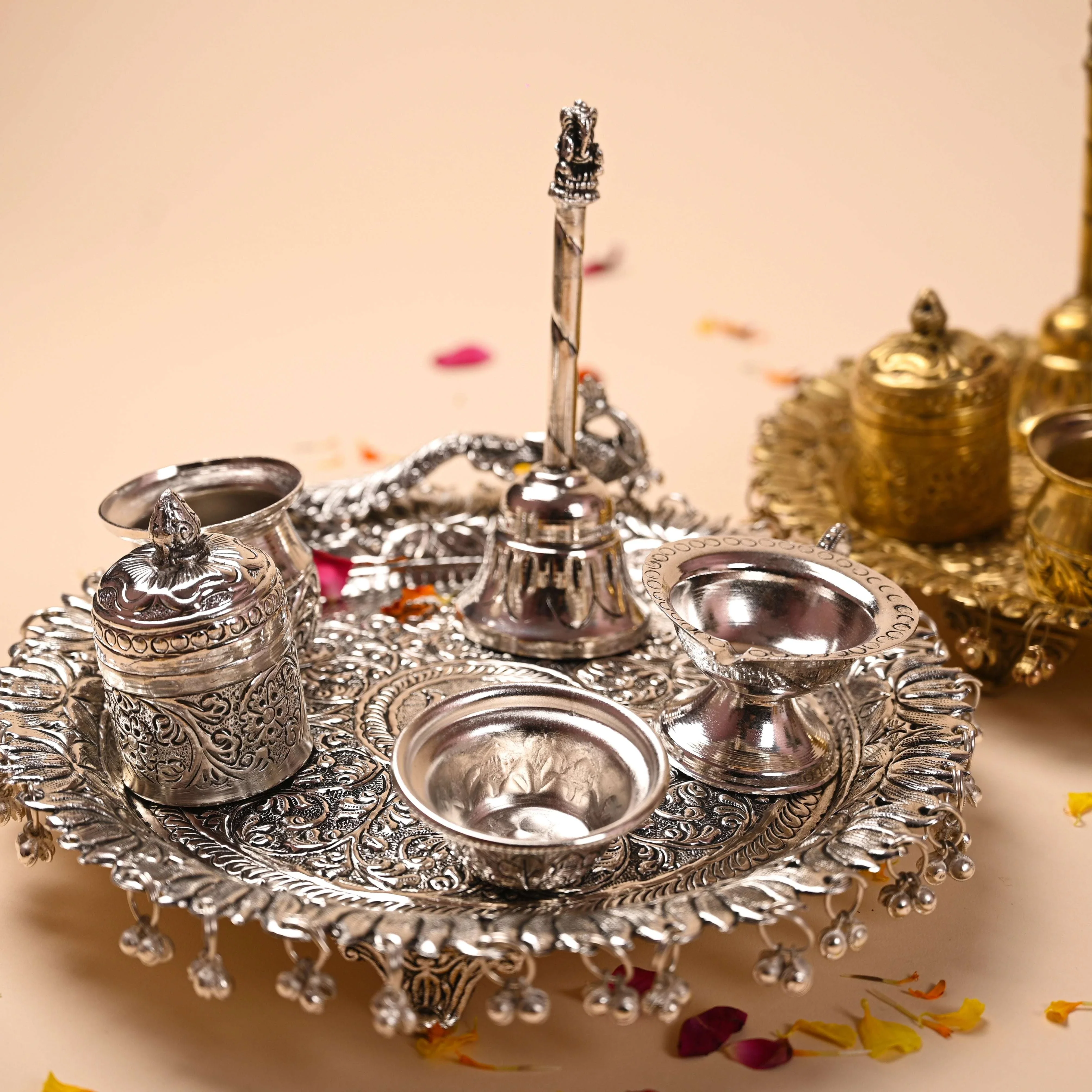 Brass Peacock Pooja Thali Set With Ghungroo (1 Kg) - Image 3