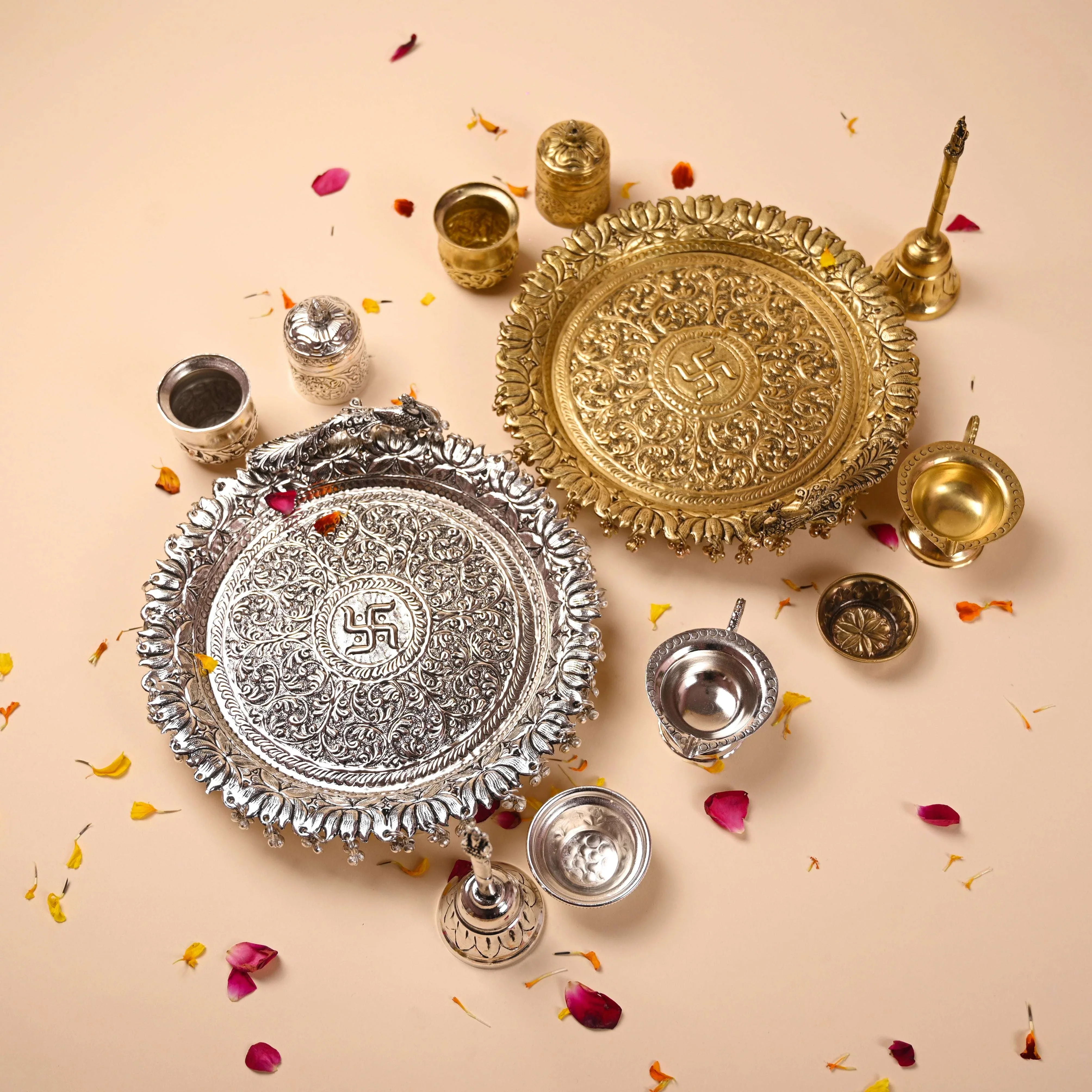 Brass Peacock Pooja Thali Set With Ghungroo (1 Kg) - Image 4