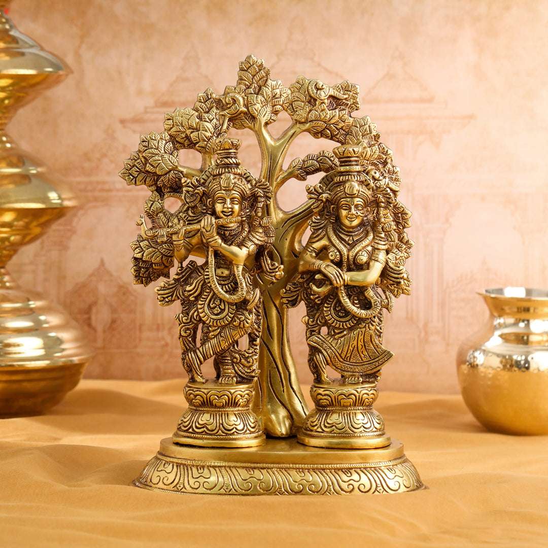 Brass Standing Radha Krishna Idols With Tree (13.5 Inch)