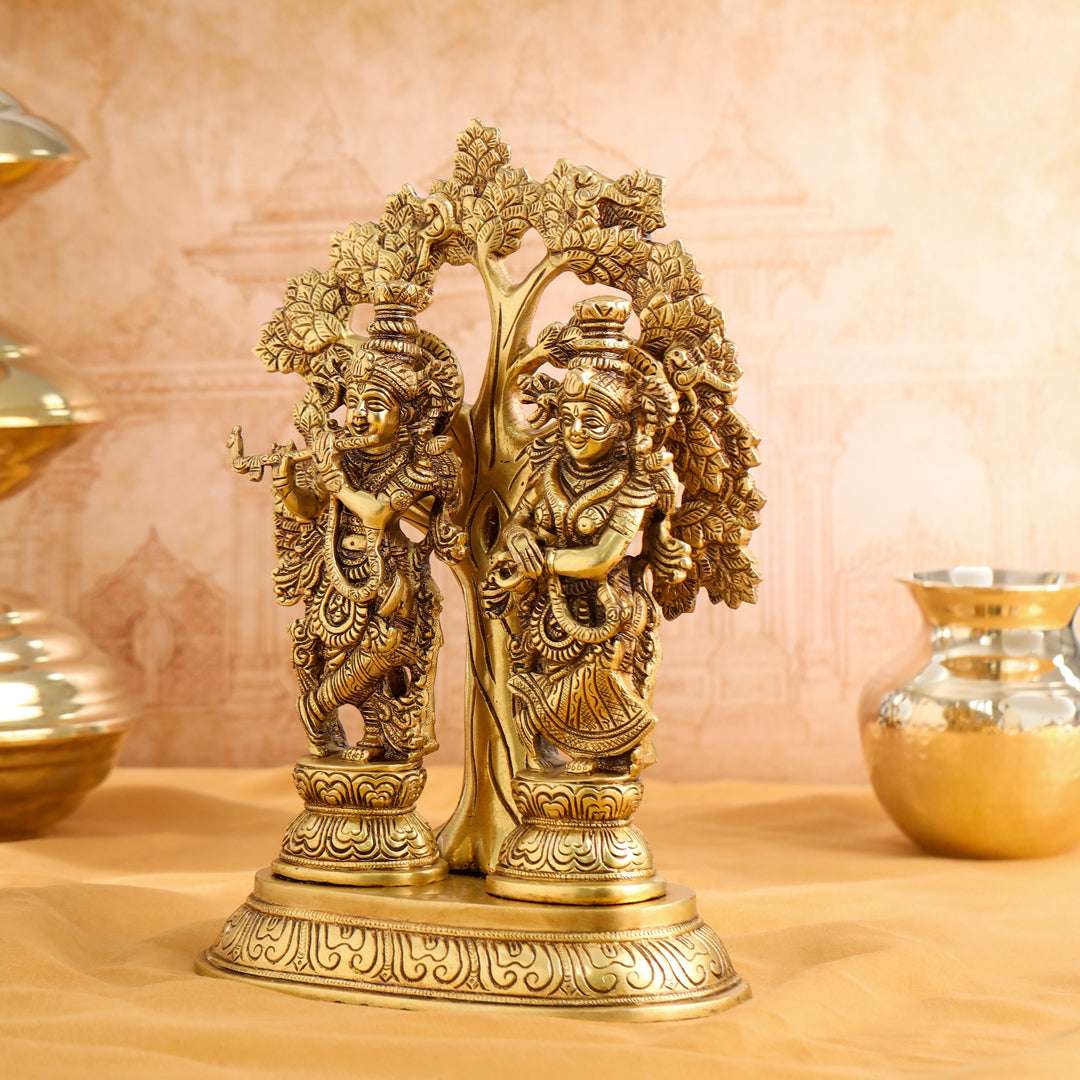 Brass Standing Radha Krishna Idols With Tree (13.5 Inch) - Image 2