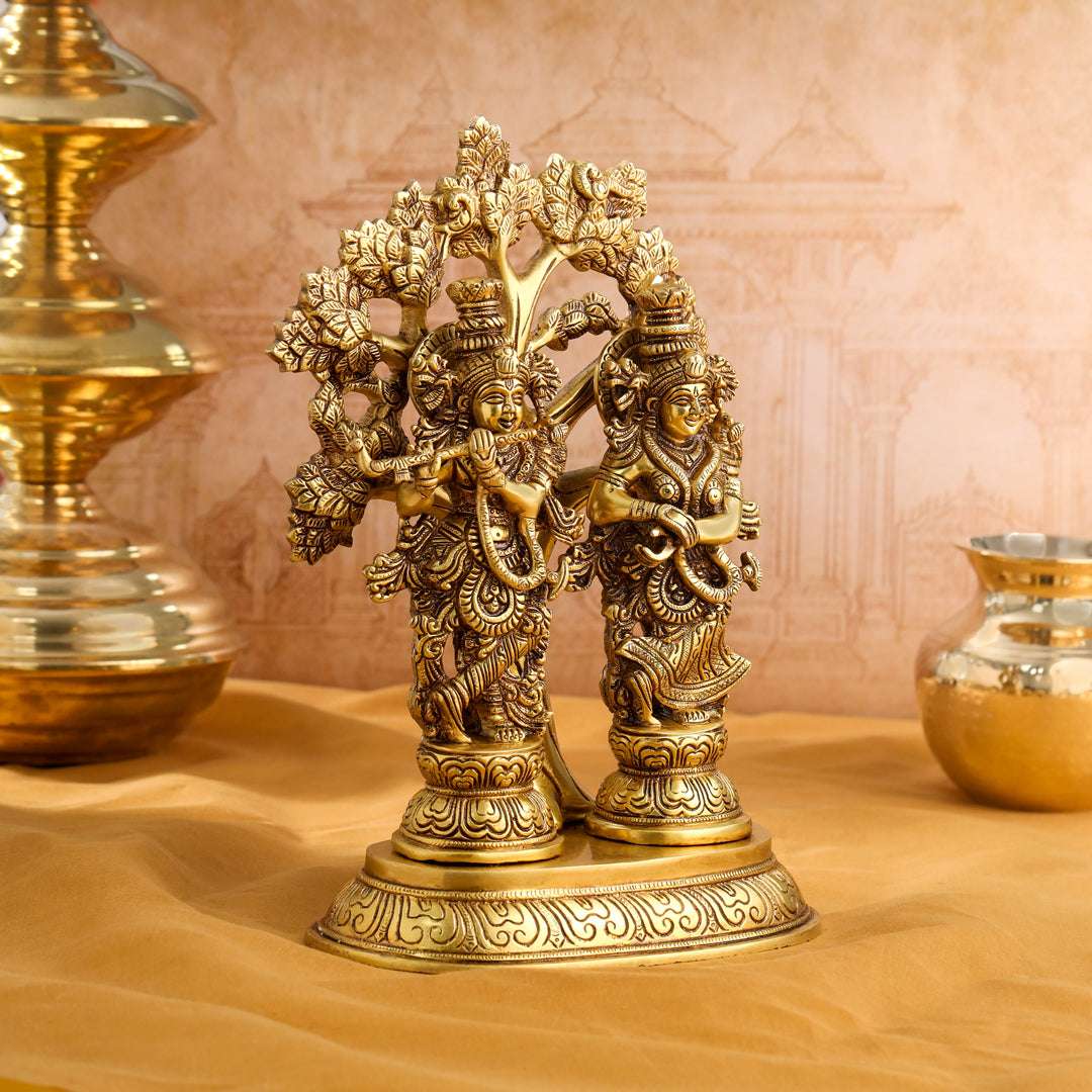 Brass Standing Radha Krishna Idols With Tree (13.5 Inch) - Image 3