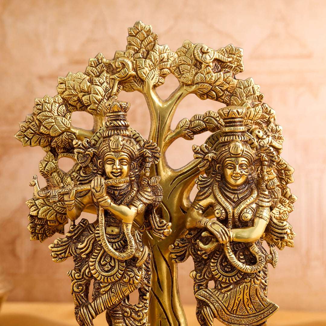 Brass Standing Radha Krishna Idols With Tree (13.5 Inch) - Image 5