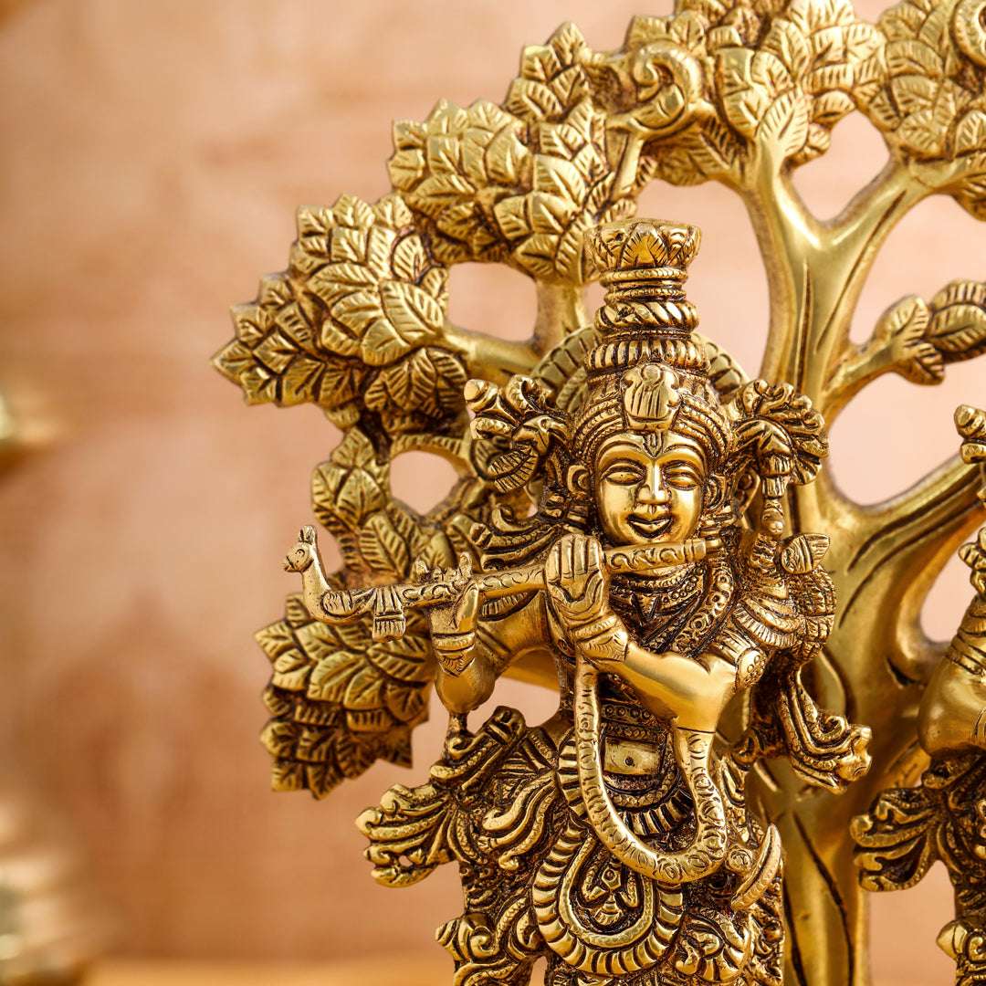 Brass Standing Radha Krishna Idols With Tree (13.5 Inch) - Image 6
