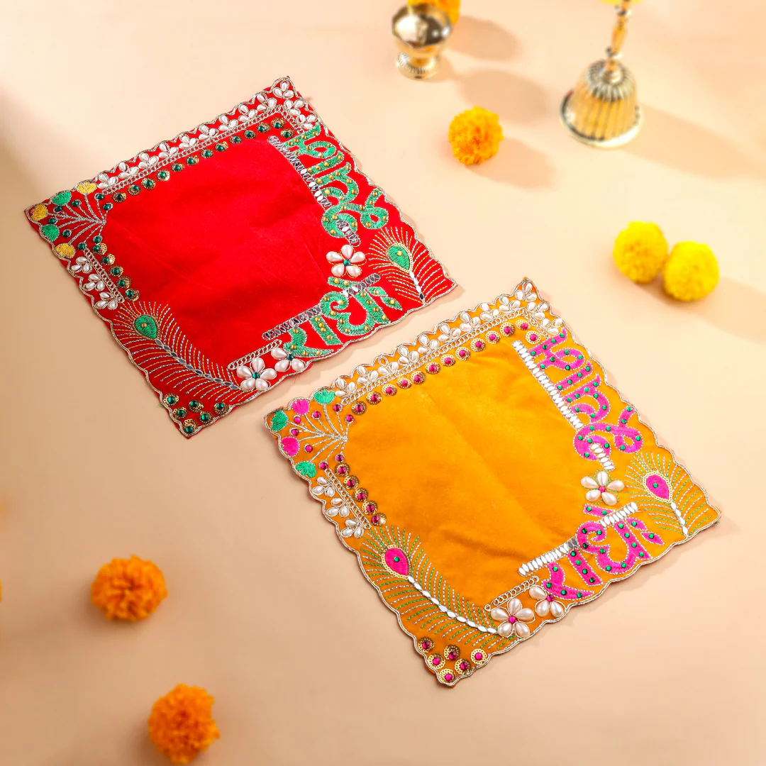 Radhe Shyam Pearl & Stone Work Velvet Pooja Asana