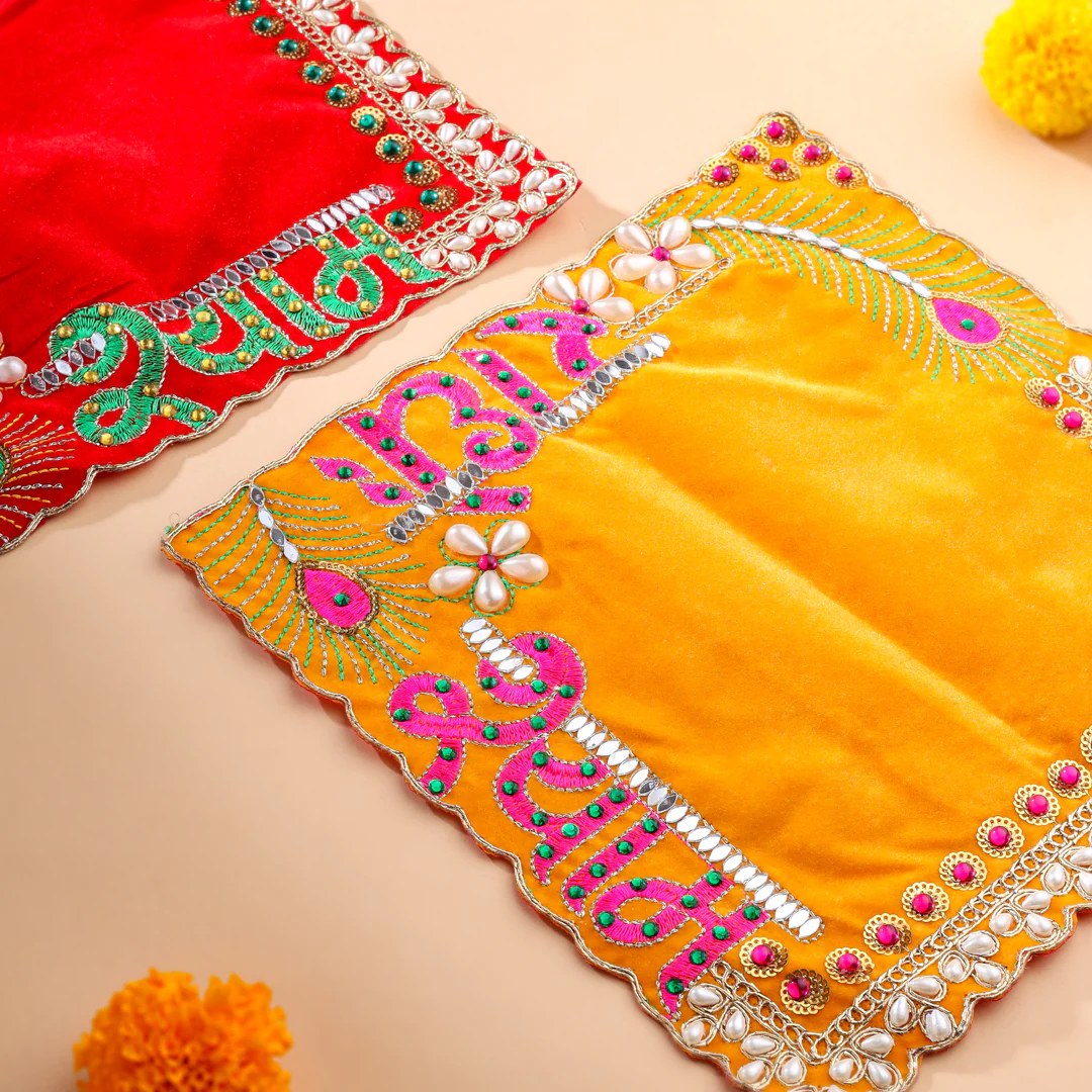 Radhe Shyam Pearl & Stone Work Velvet Pooja Asana - Image 3