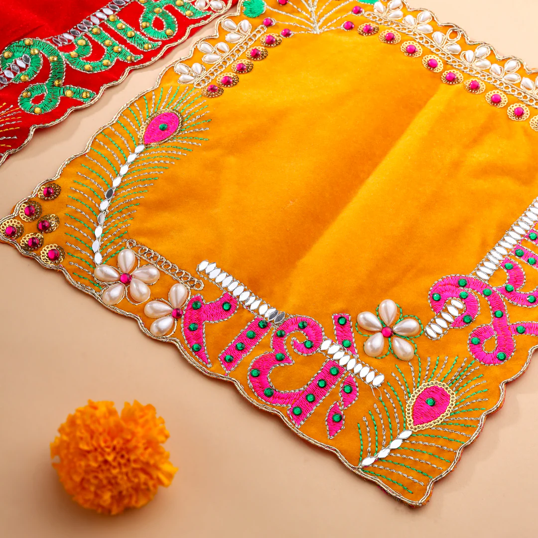 Radhe Shyam Pearl & Stone Work Velvet Pooja Asana - Image 4