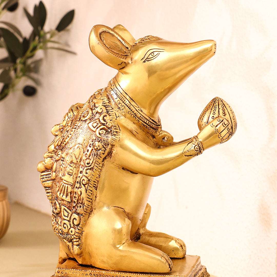 Brass Mushak/Rat Idol – Ganesha’s Devotee on Decorative Pedestal (6.5 INCH) - Image 2