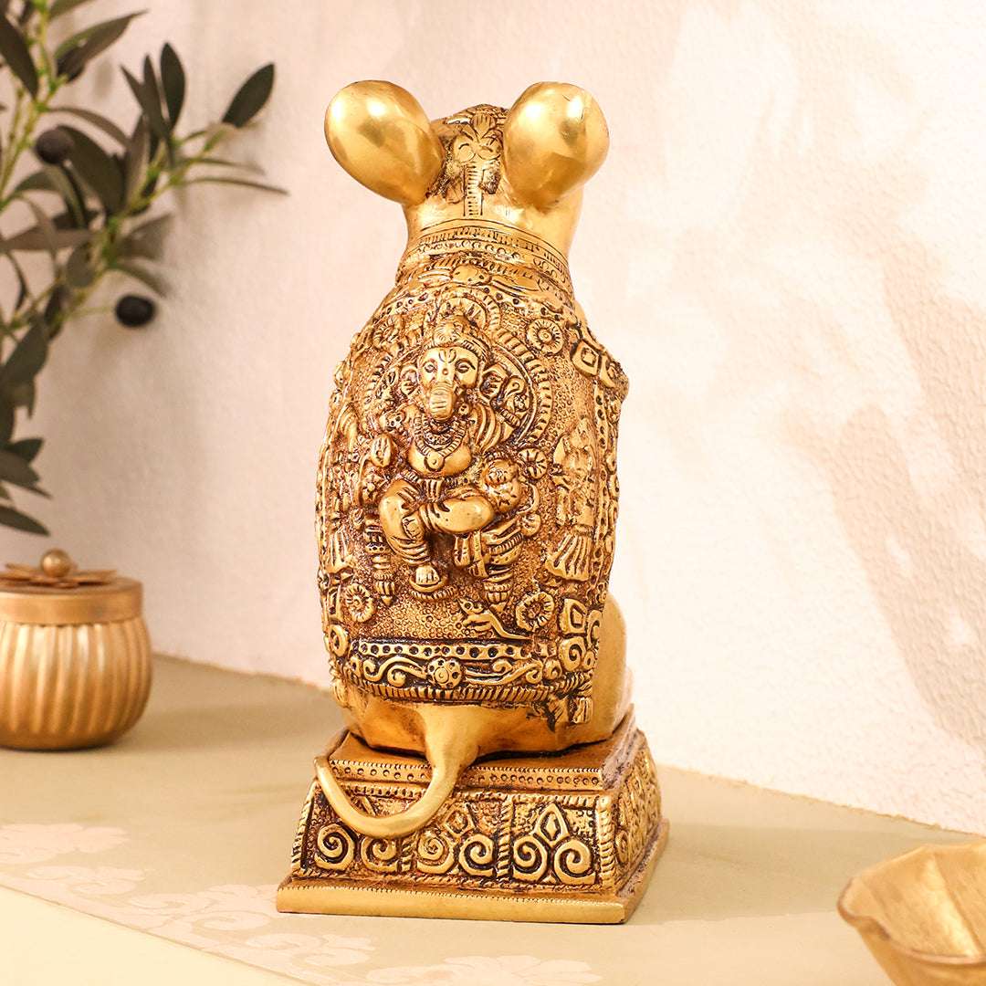 Brass Mushak/Rat Idol – Ganesha’s Devotee on Decorative Pedestal (6.5 INCH) - Image 4