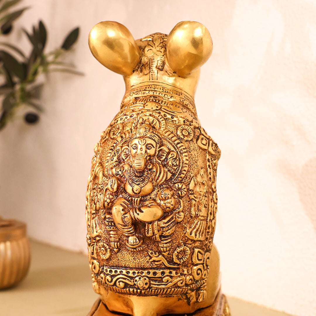 Brass Mushak/Rat Idol – Ganesha’s Devotee on Decorative Pedestal (6.5 INCH) - Image 5